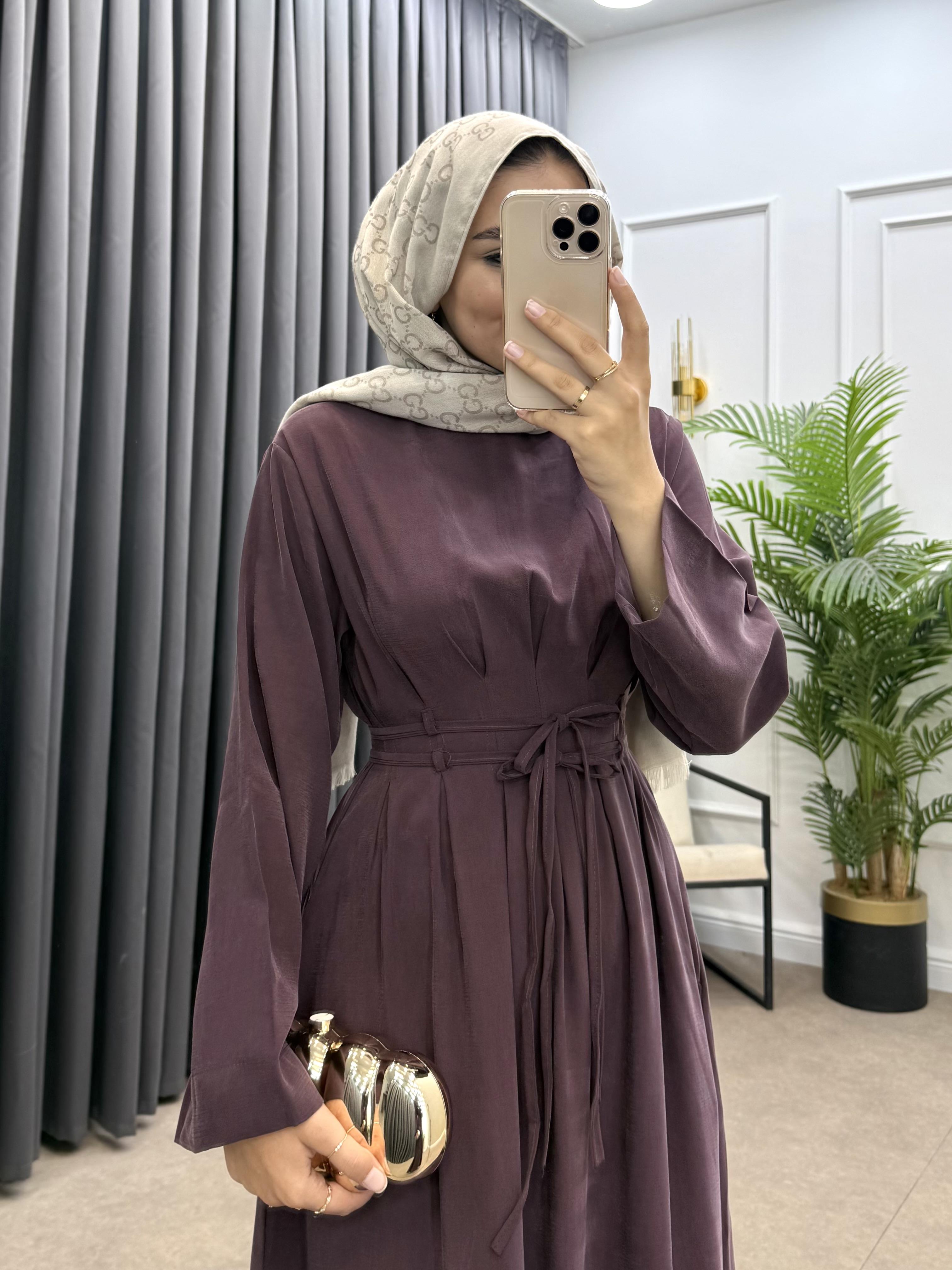 BELDEN İP BAĞLAMALI MODAL ELBİSE MÜRDÜM