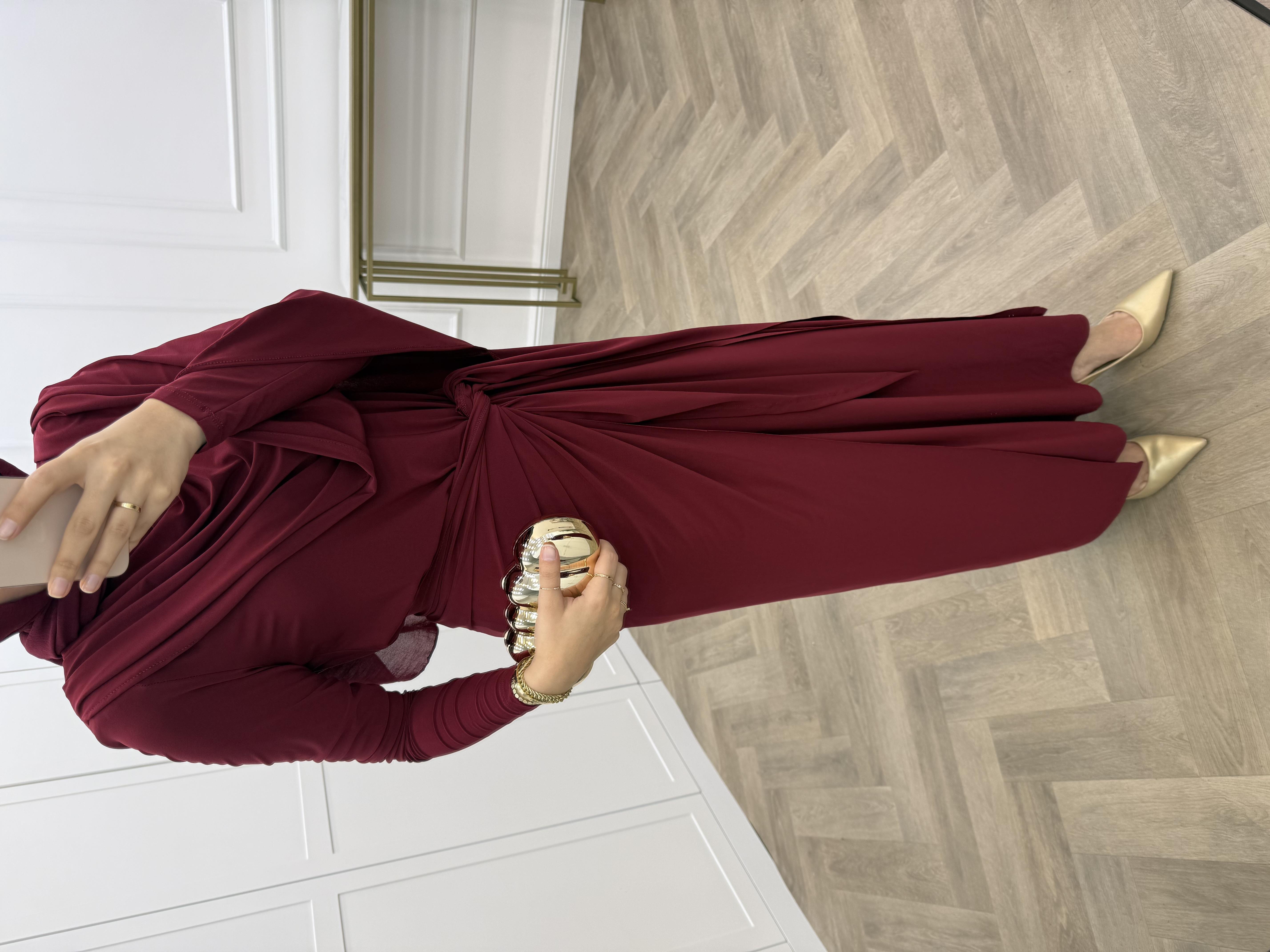 BELDEN PARÇA DETAYLI SANDY ELBİSE BORDO