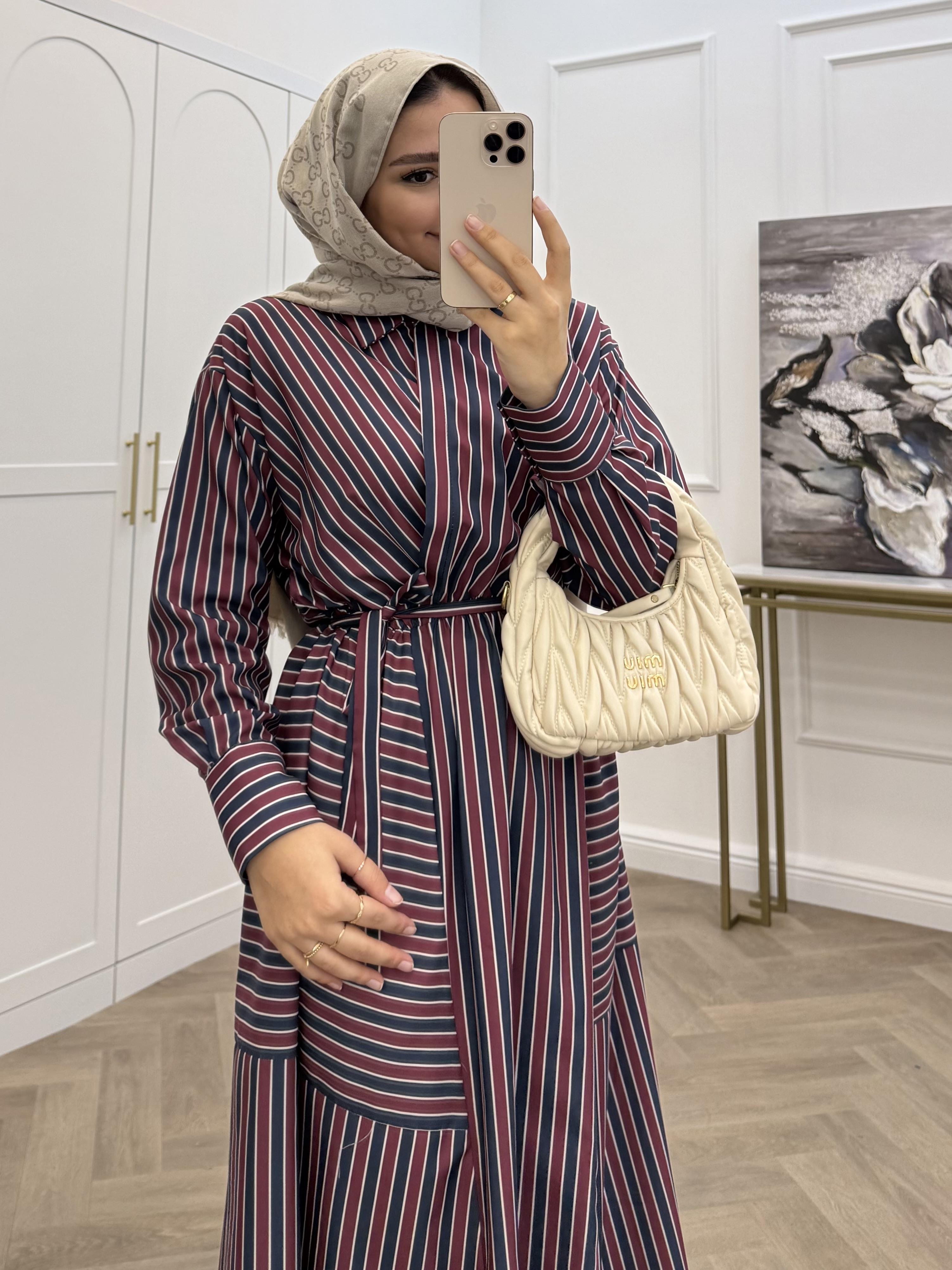 BELİ LASTİKLİ ÇİZGİLİ ELBİSE VİŞNE 