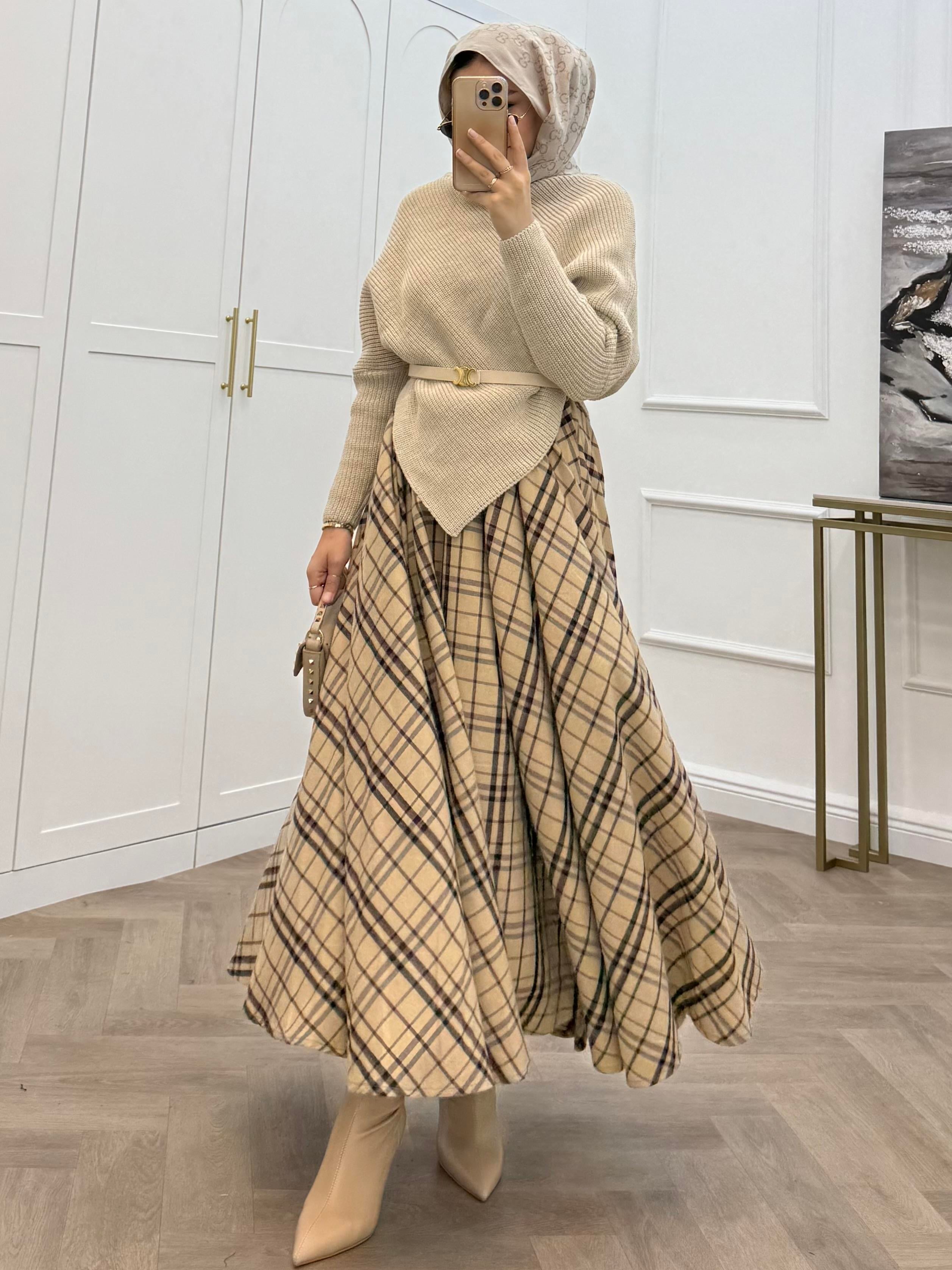 BELİ LASTİKLİ EKOSE ETEK BEJ-CAMEL