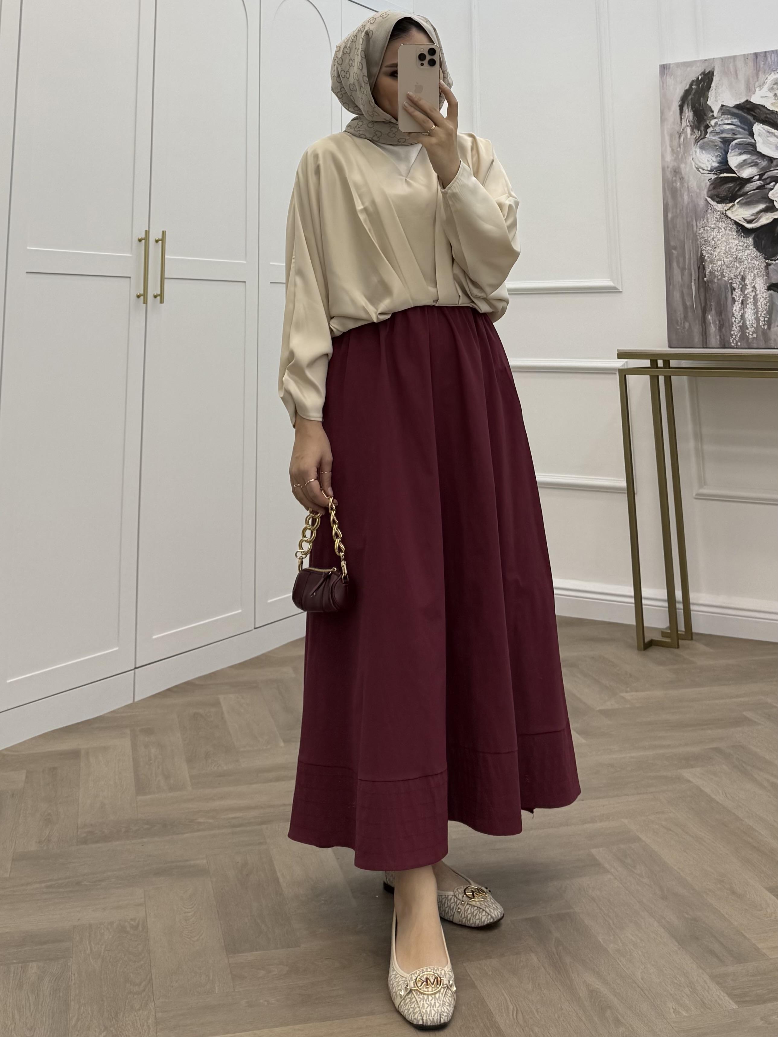 BELİ LASTİKLİ POPLİN ETEK BORDO