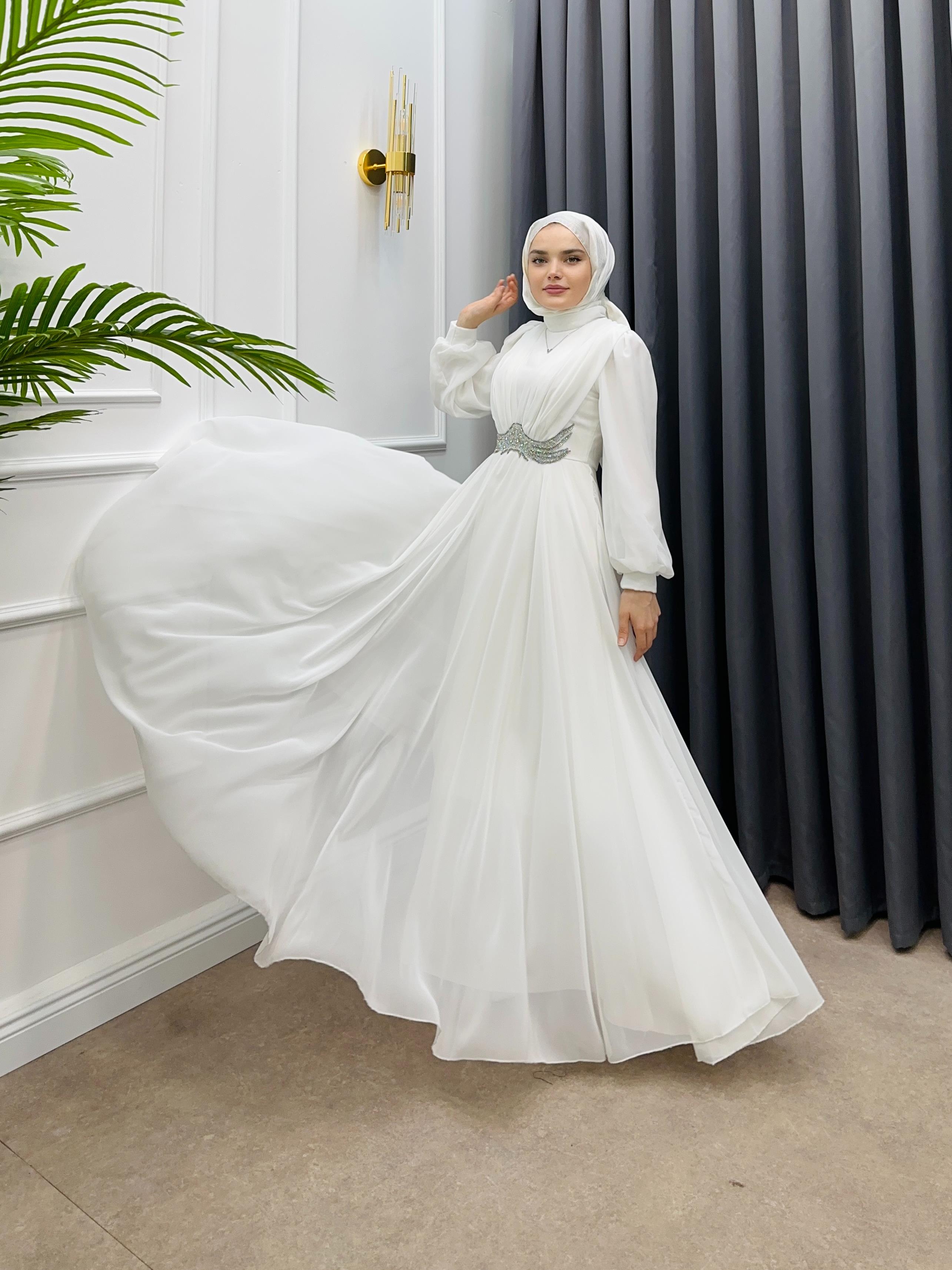 BELİ TAŞLI ŞİFON ABİYE BEYAZ