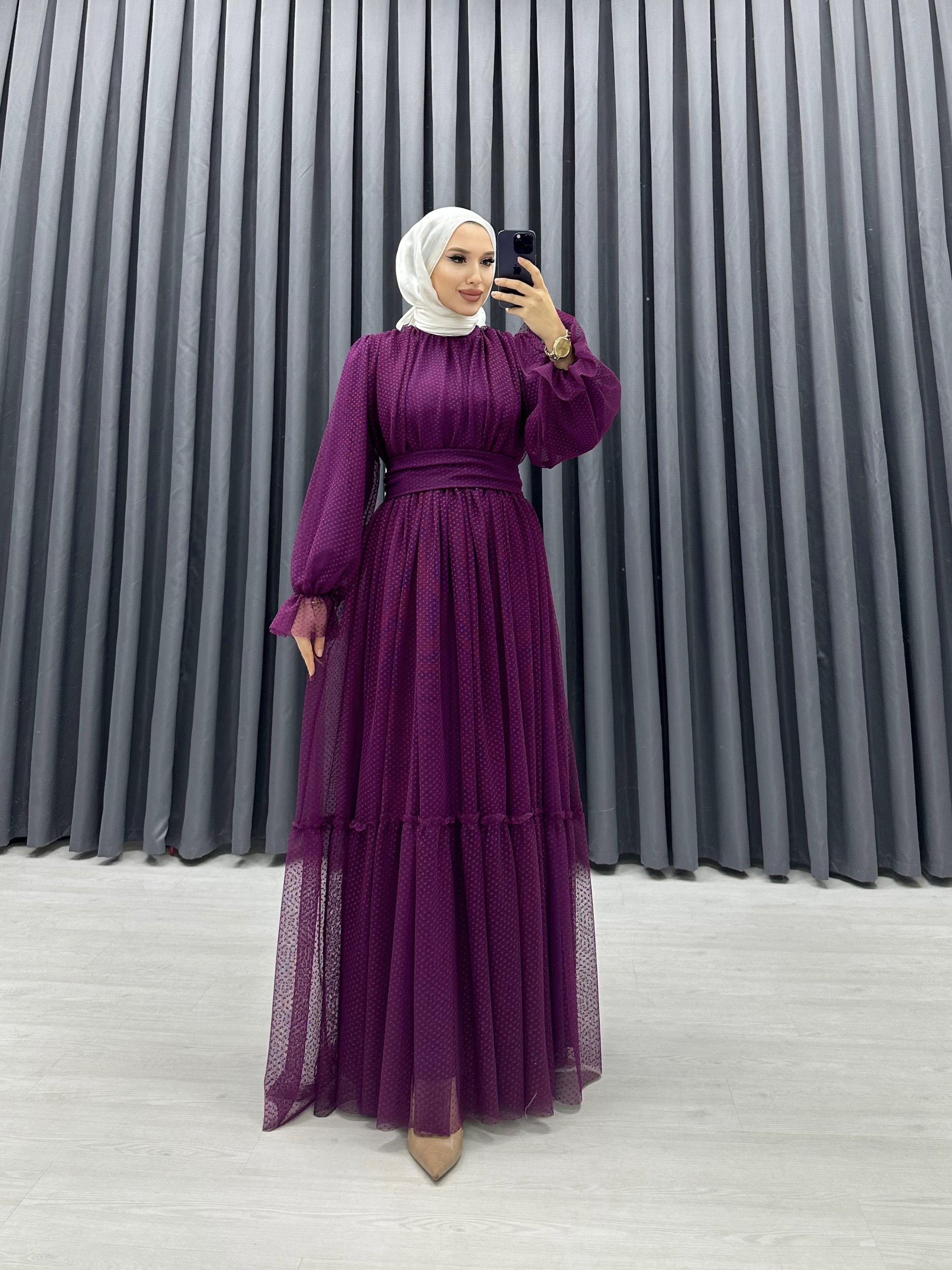 BENEKLİ TÜL ELBİSE MOR