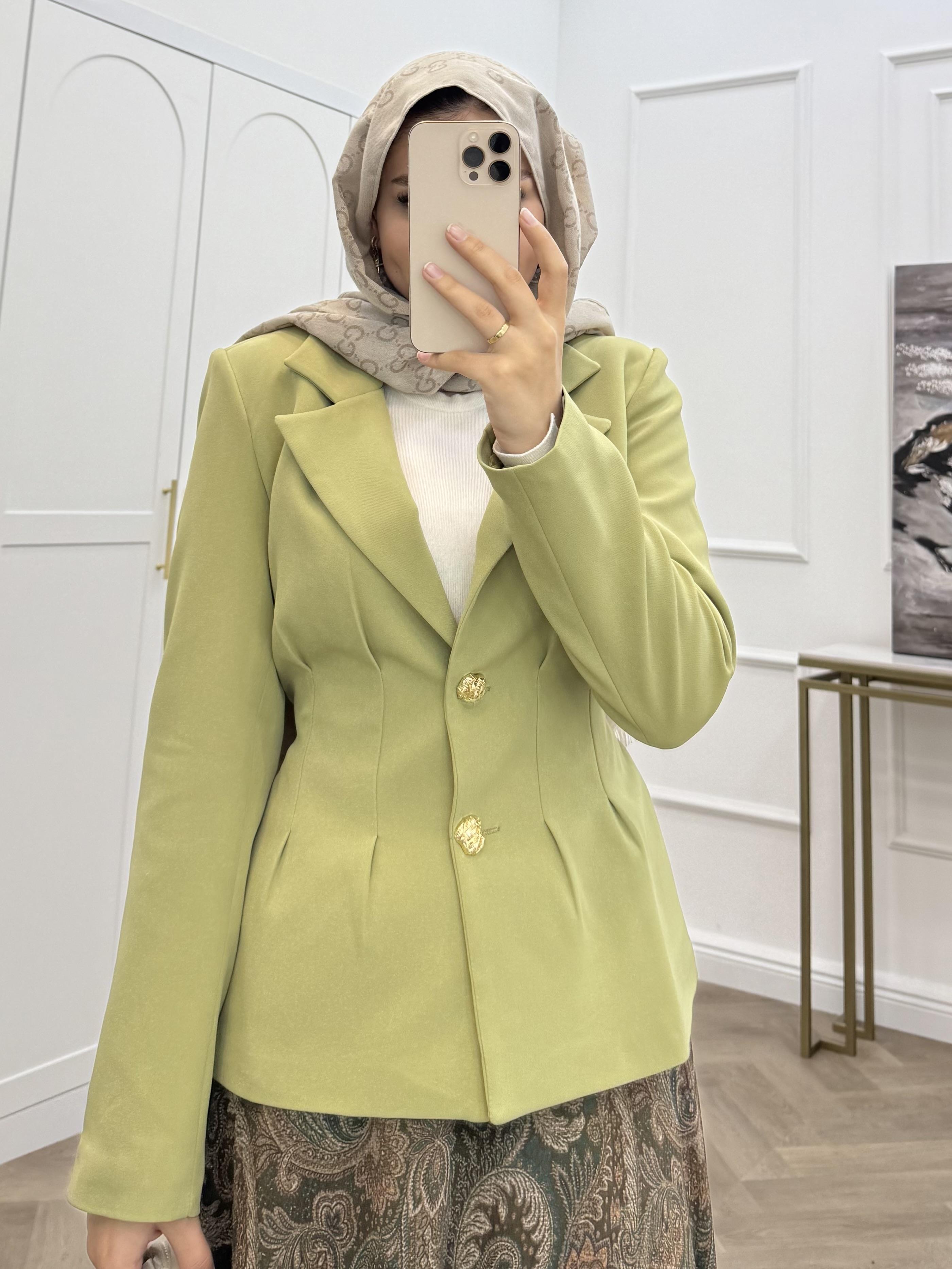 BLAZER CEKETLİ ŞİFON ETEKLİ TAKIM FISTIK YEŞİLİ 