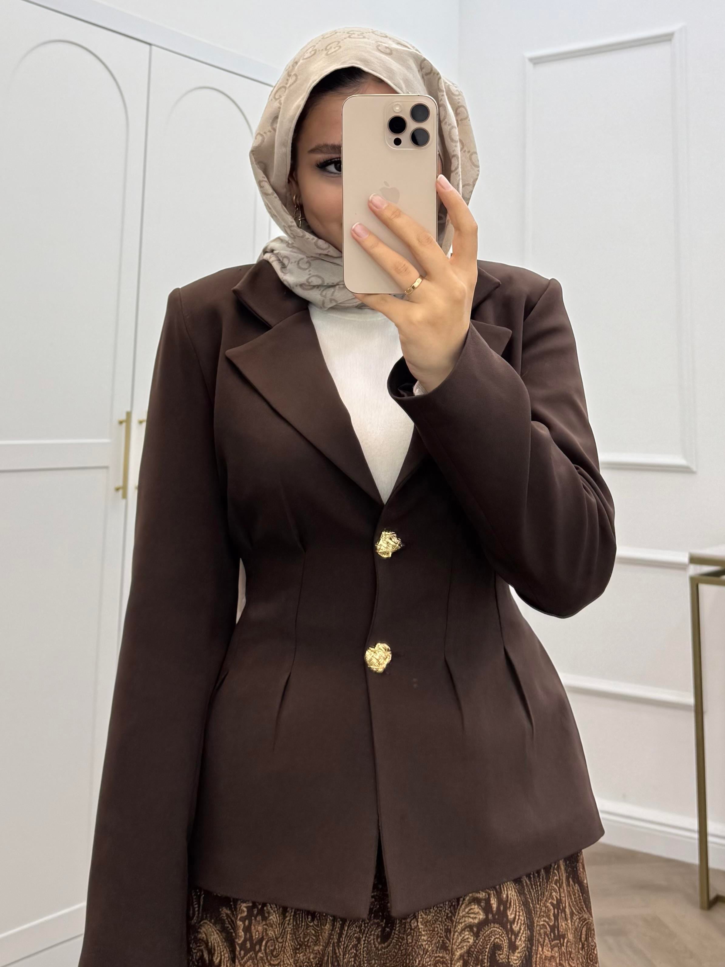BLAZER CEKETLİ ŞİFON ETEKLİ TAKIM KAHVE 