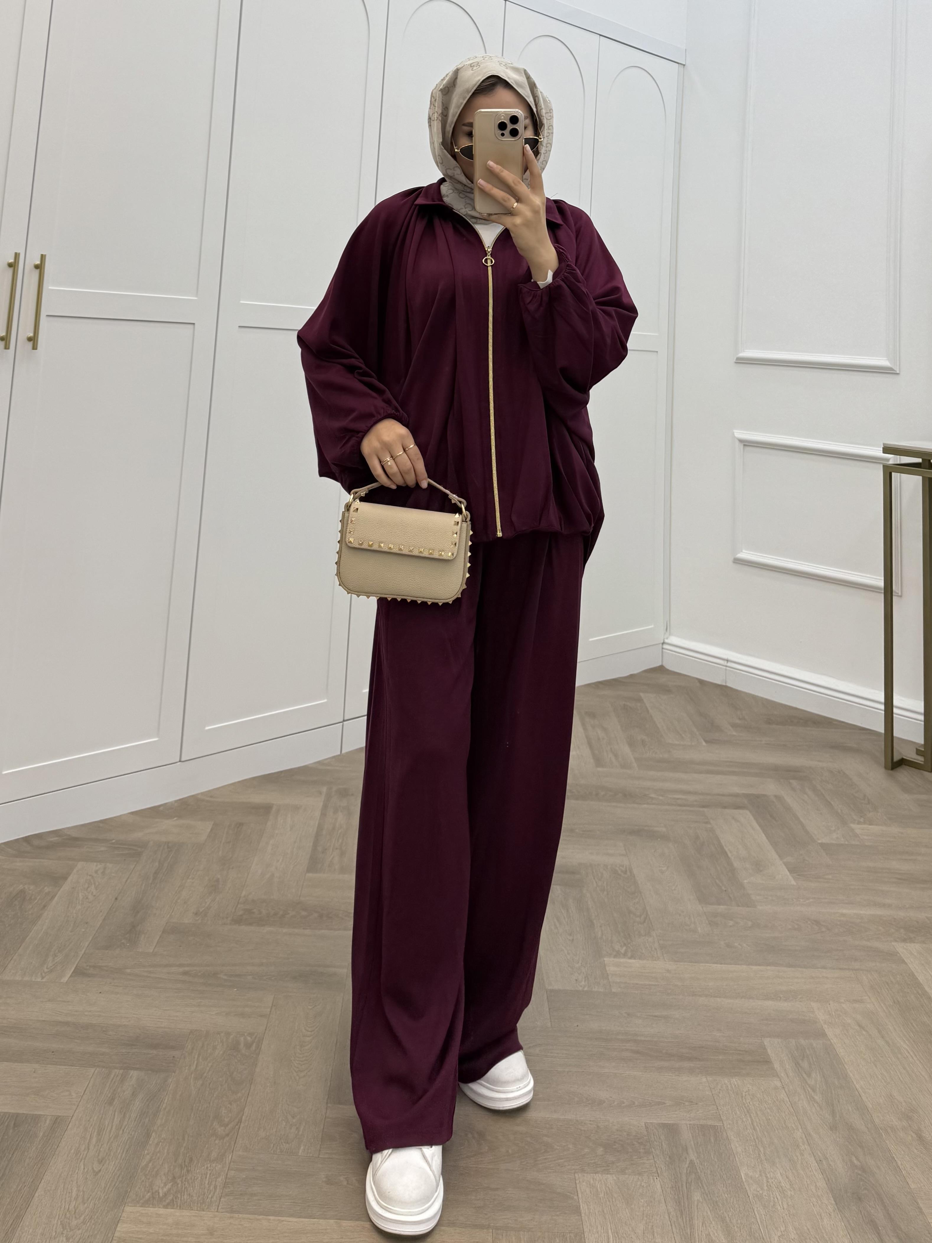 BOMBER CEKETLİ PANTOLONLU TAKIM BORDO