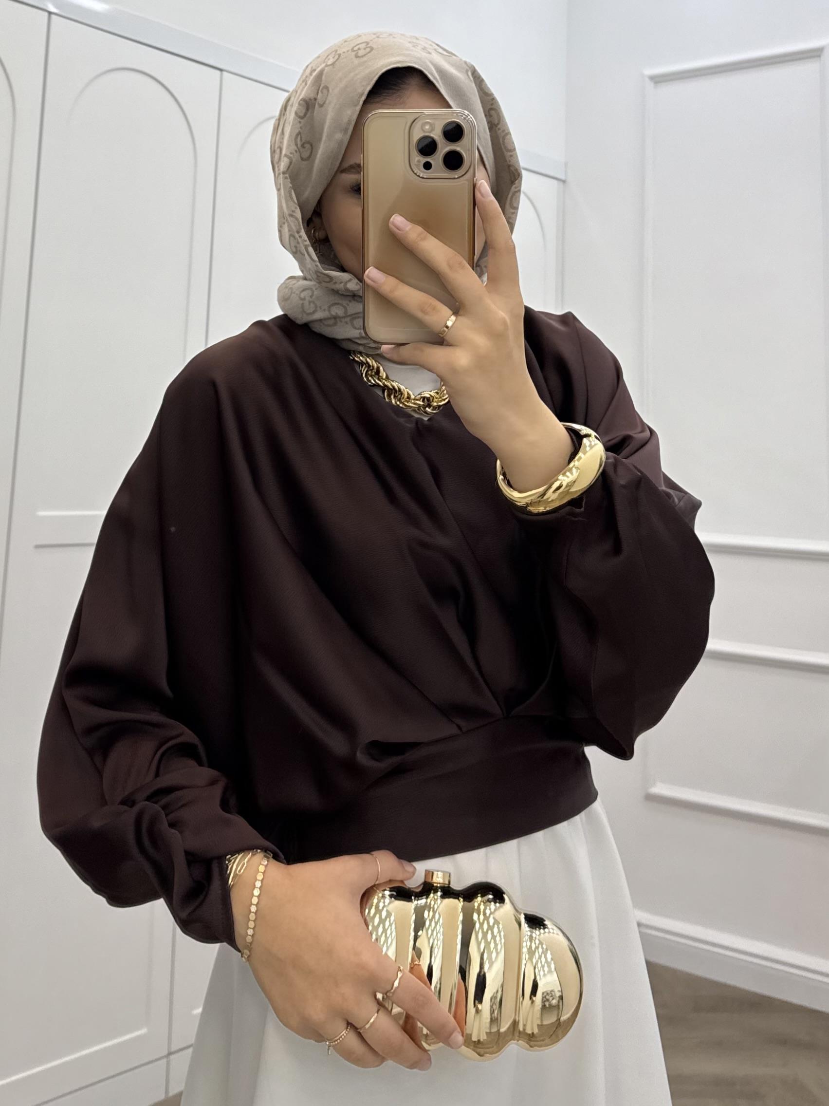 BOMBER SATEN BLUZ KAHVE