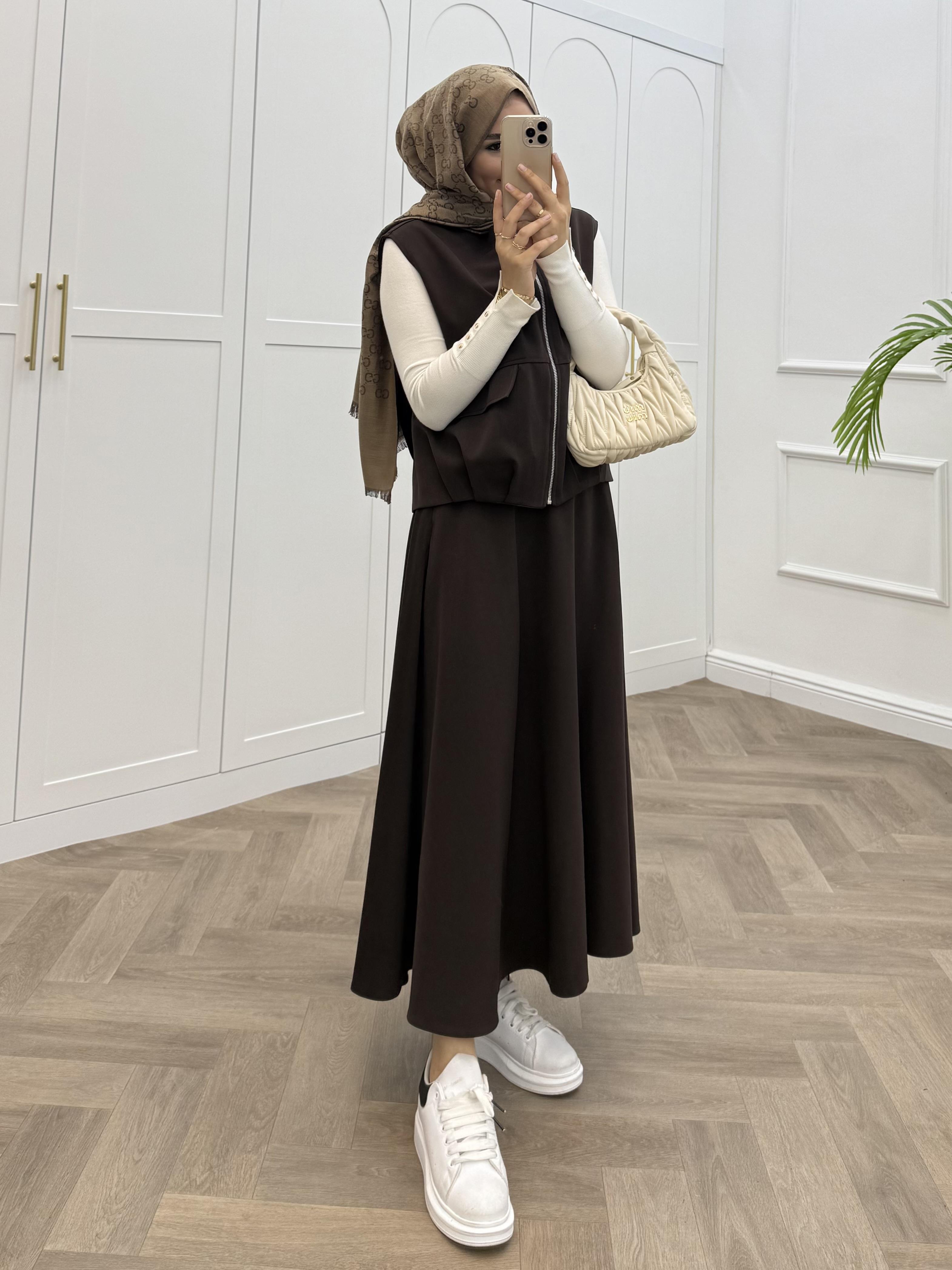 BOMBER YELEKLİ ETEKLİ TAKIM KAHVE