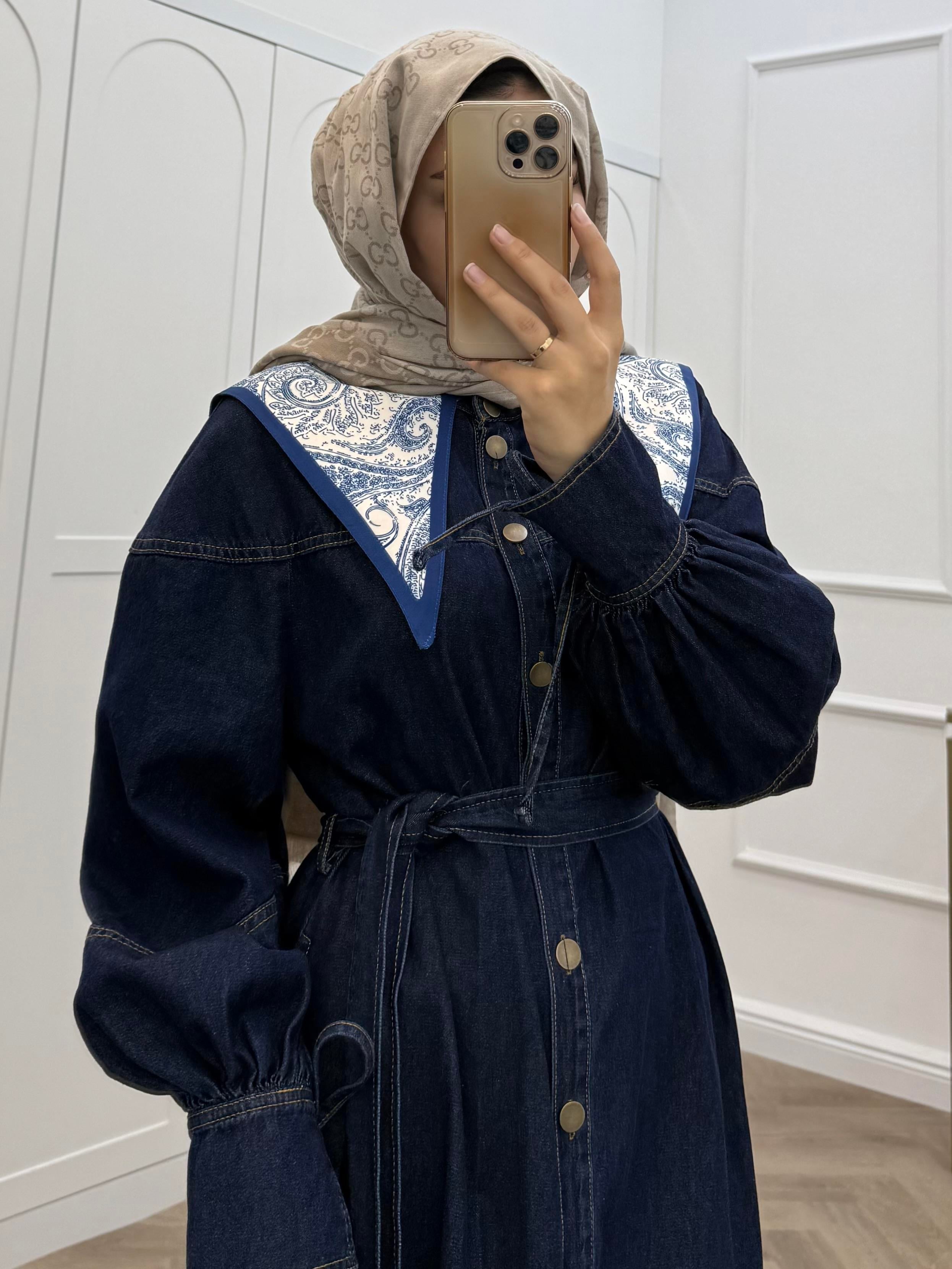 BOYDAN DÜĞMELİ DENİM ELBİSE LACİVERT