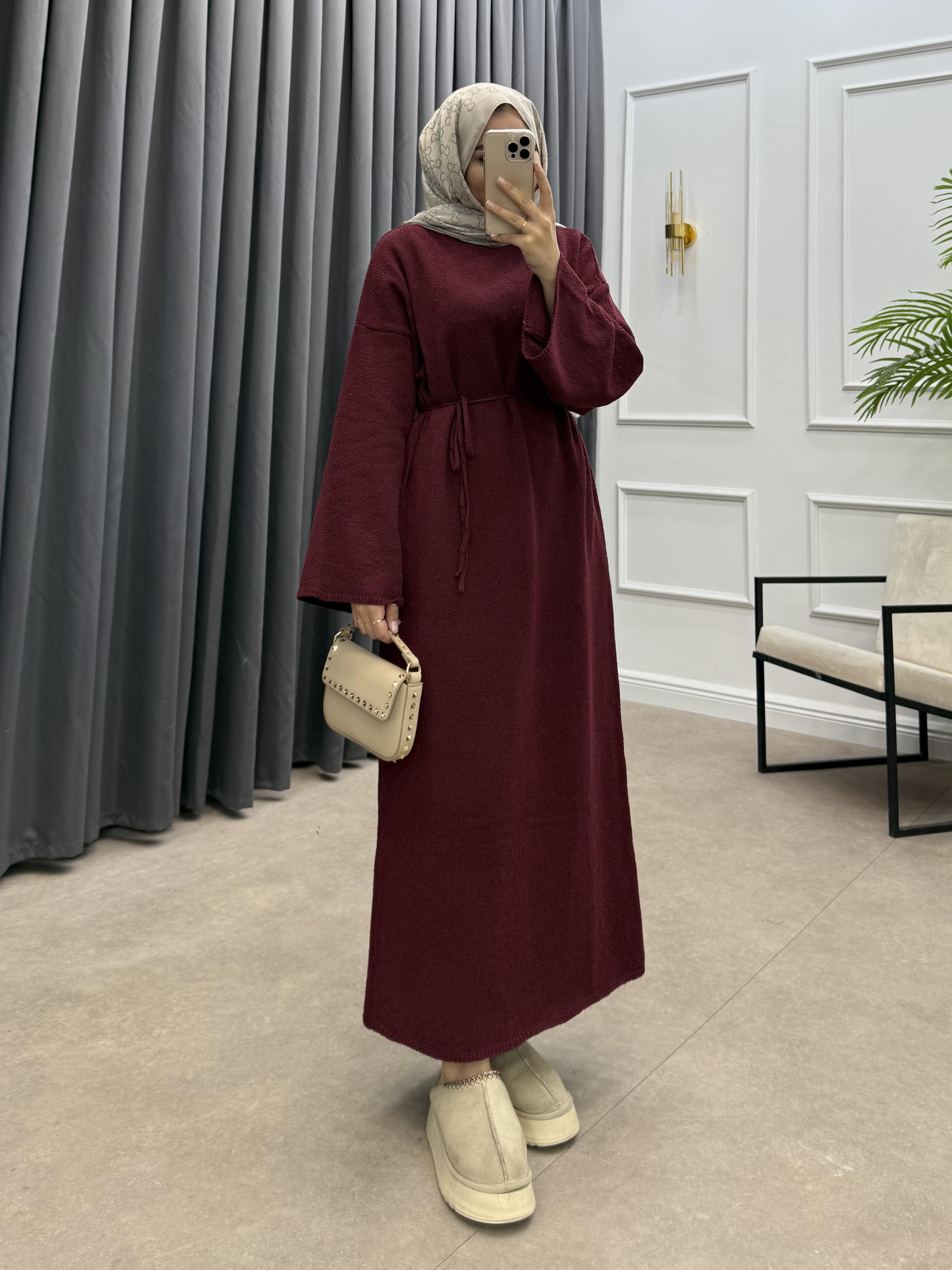 BUKLE TRİKO ELBİSE BORDO