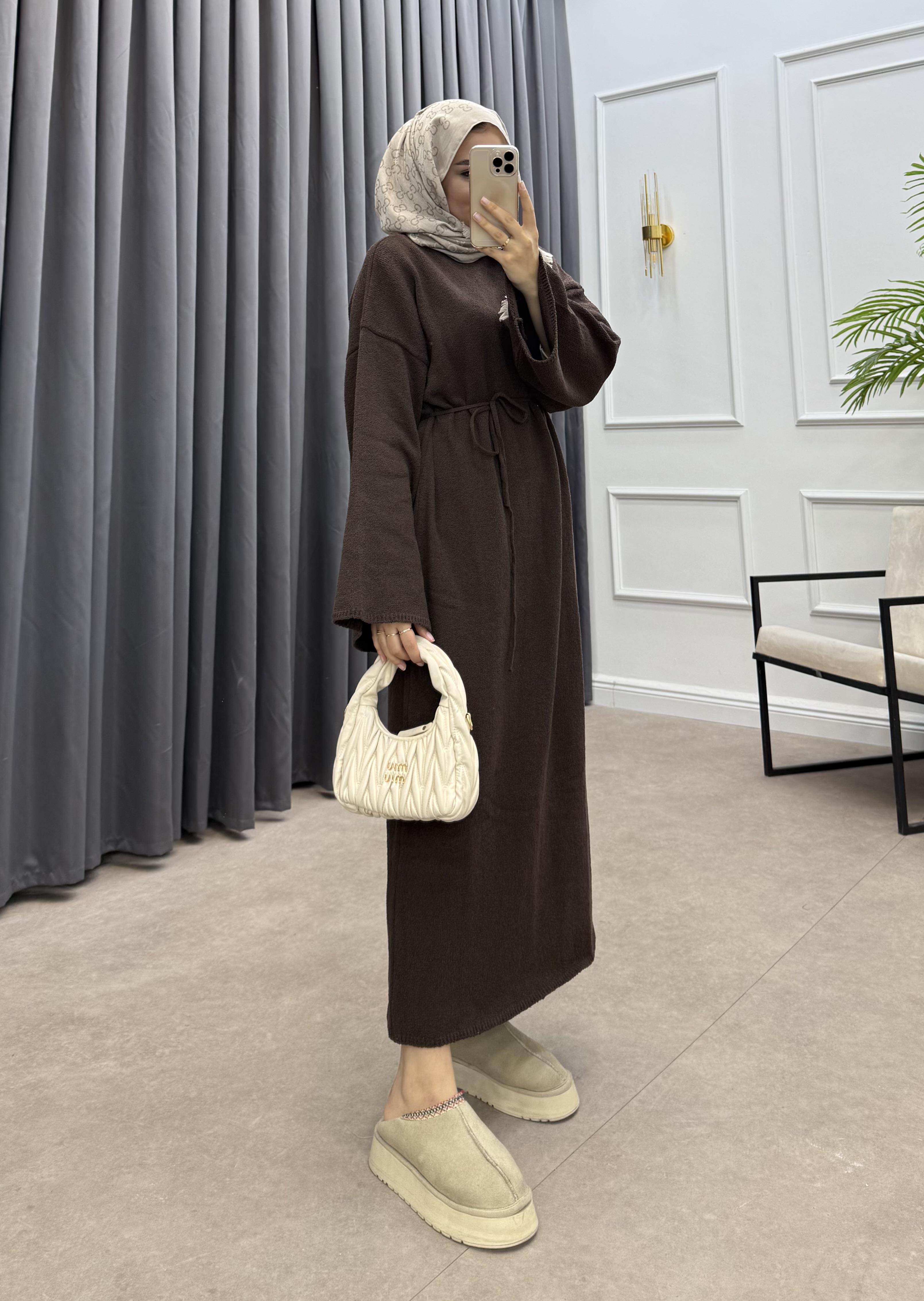 BUKLE TRİKO ELBİSE KAHVE