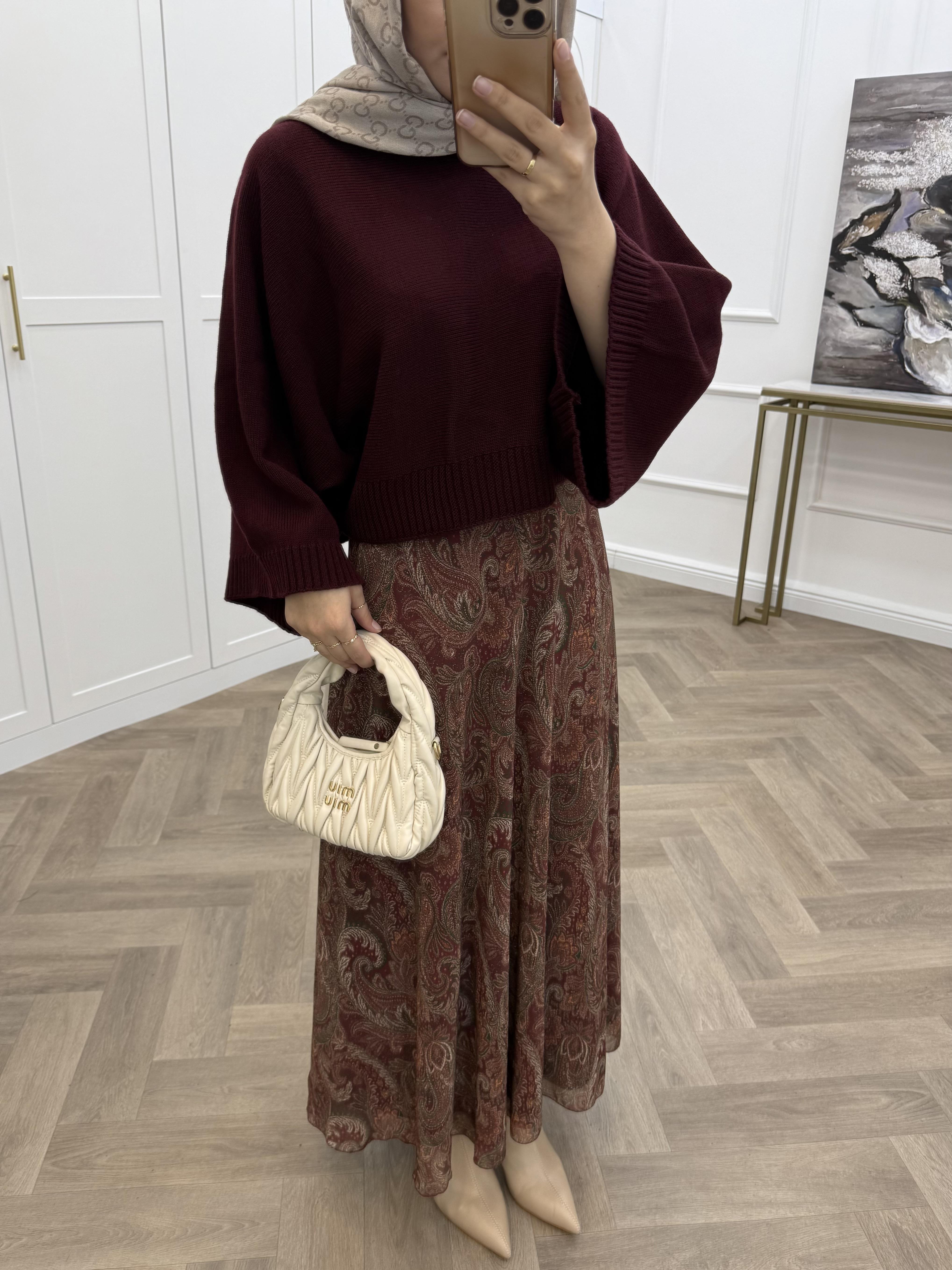 BUTA DESENLİ ŞİFON ETEK BORDO