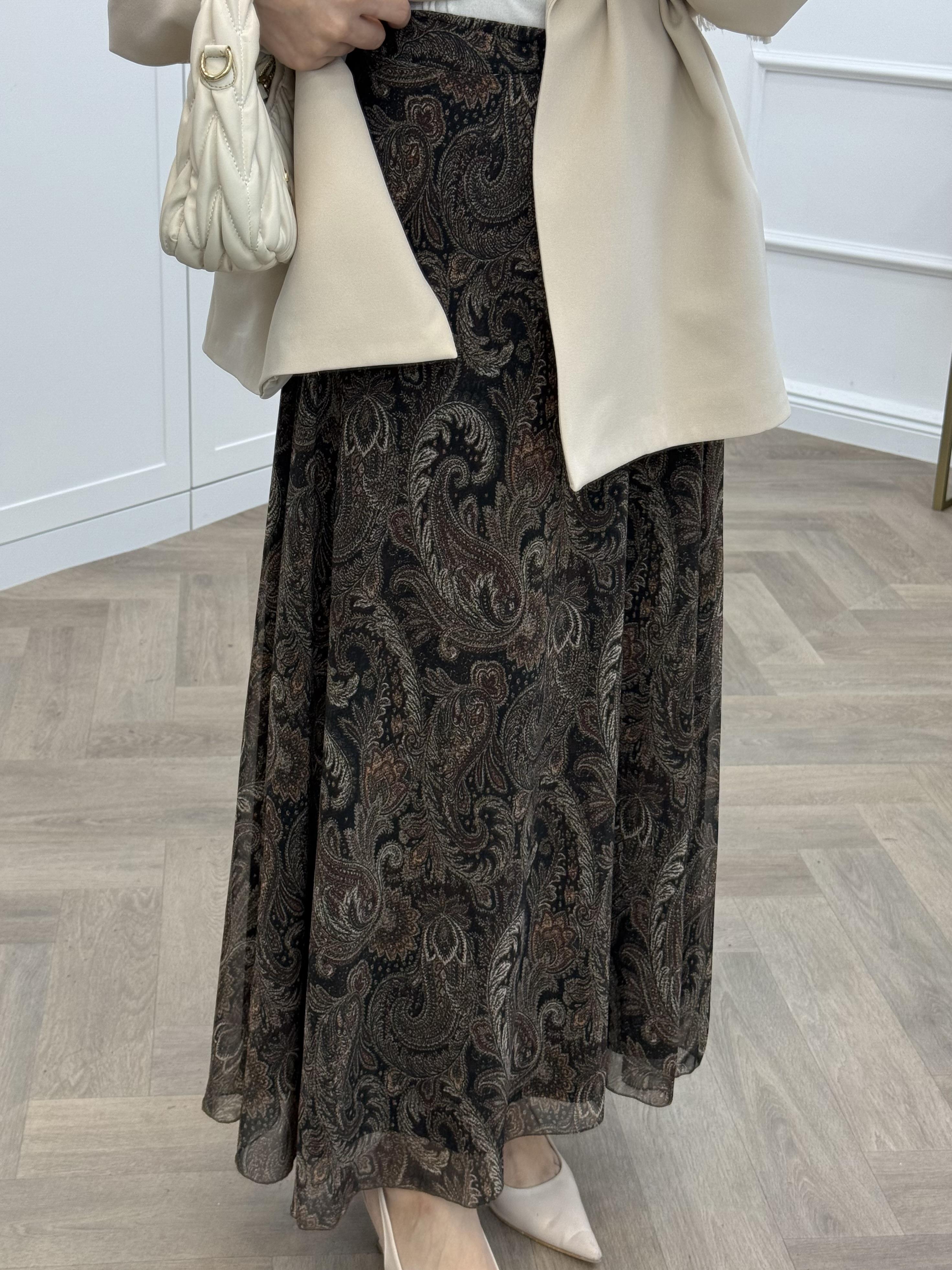 BUTA DESENLİ ŞİFON ETEK SİYAH