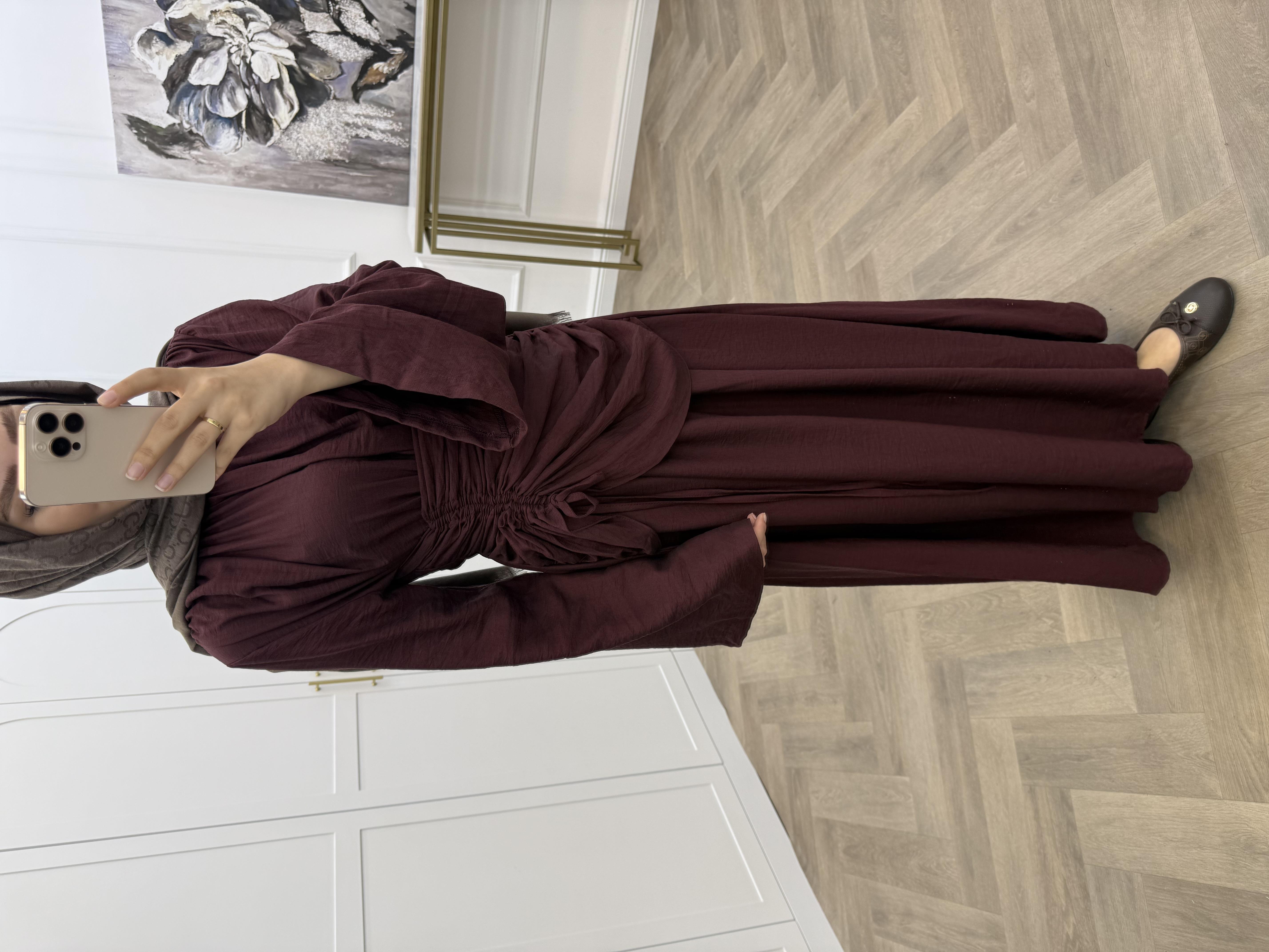 BÜZGÜLÜ KETEN ELBİSE BORDO