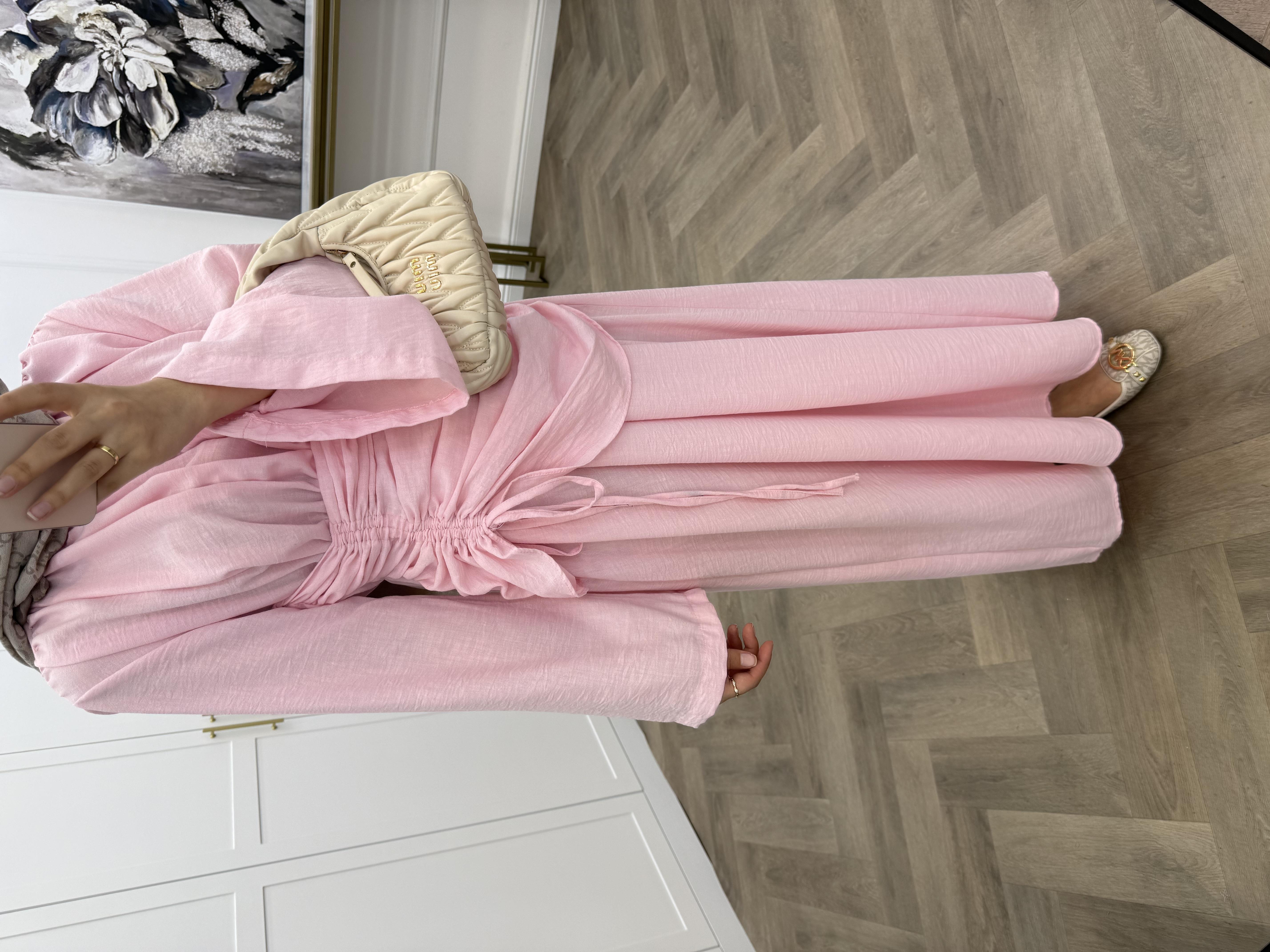 BÜZGÜLÜ KETEN ELBİSE PEMBE