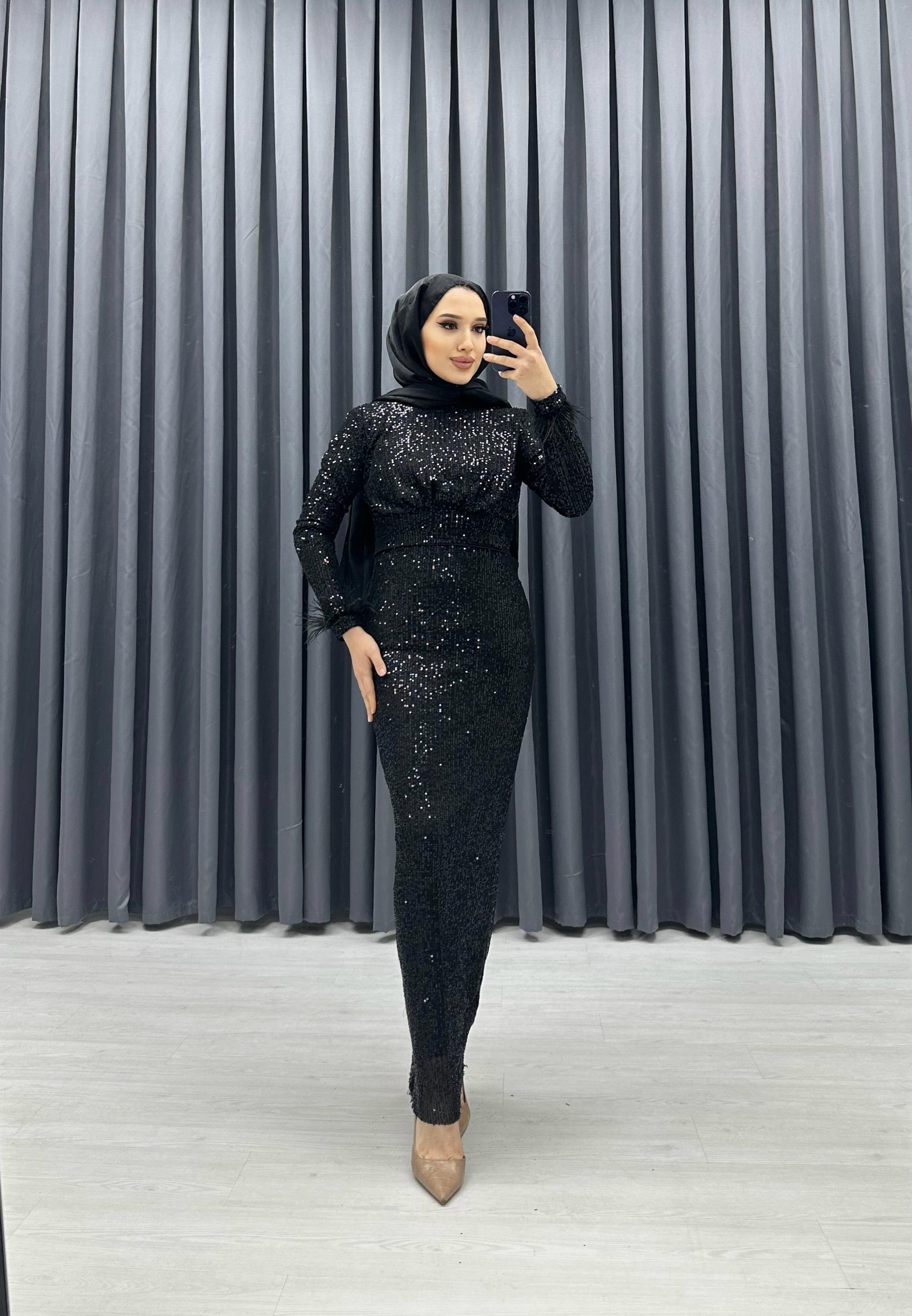 BZN BEZEN PREMİUM PUL PAYET ABİYE ELBİSE SİYAH