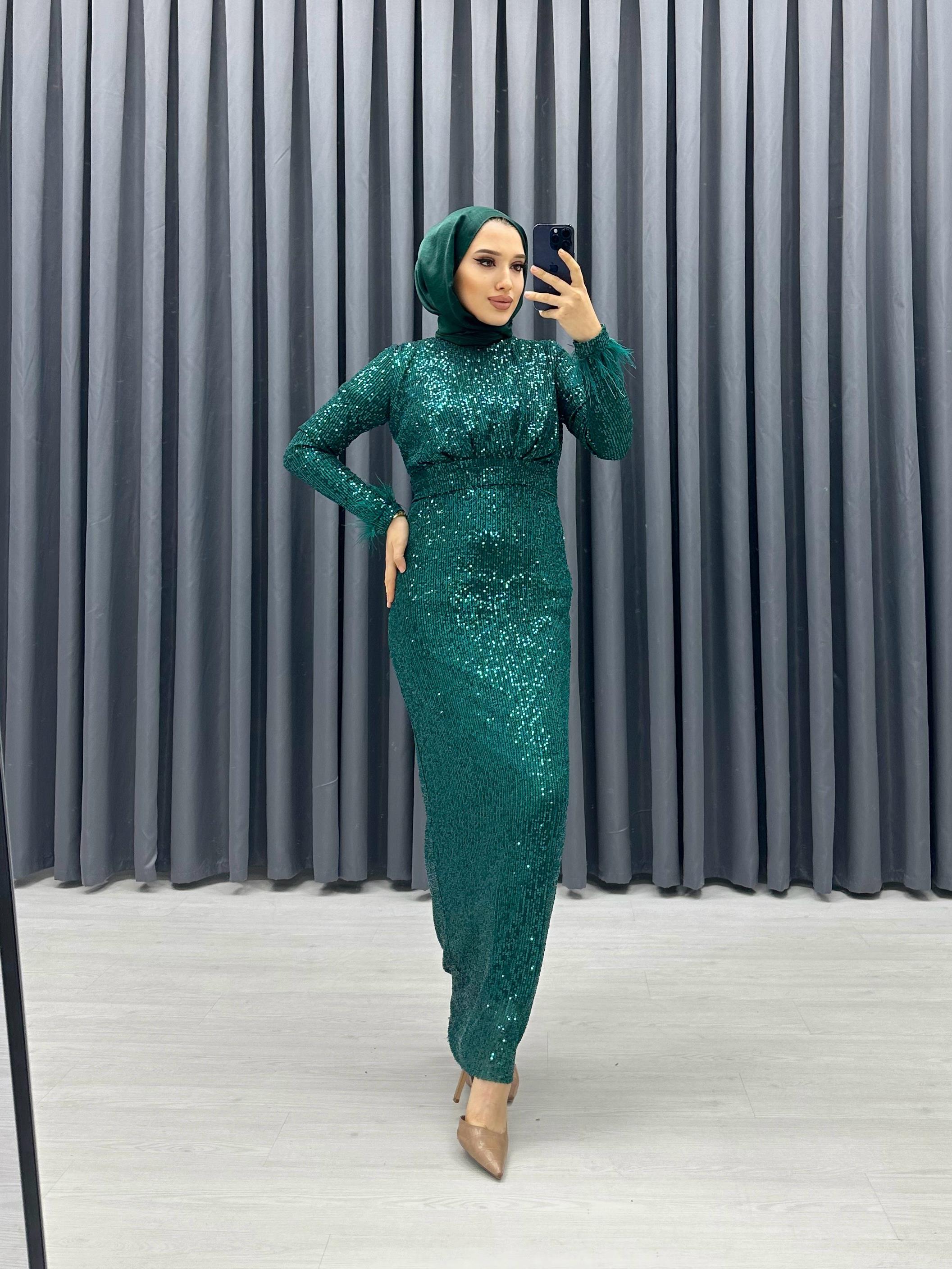 BZN BEZEN PREMİUM PUL PAYET ABİYE ELBİSE ZÜMRÜT