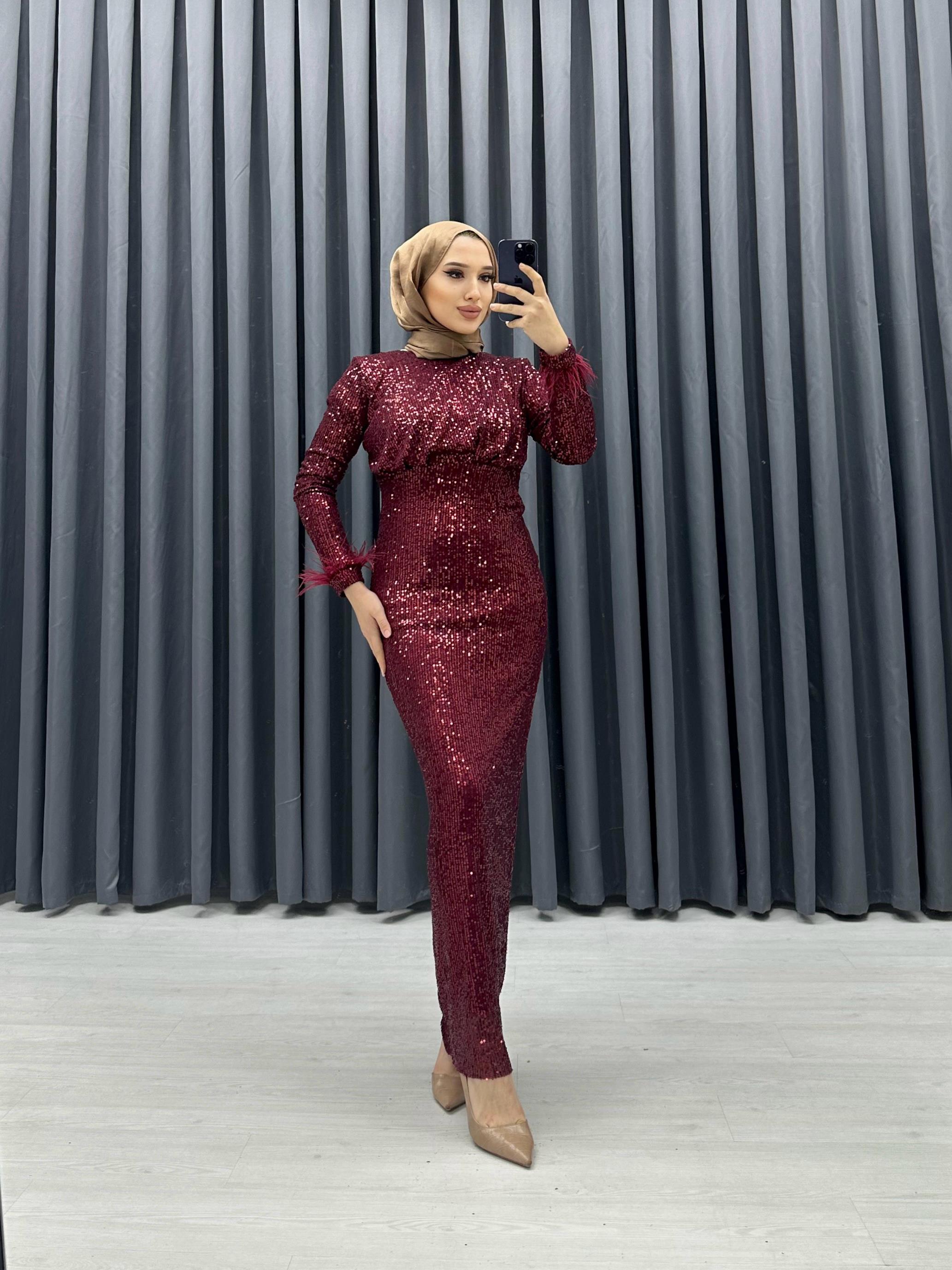 BZN BEZEN PREMİUM PUL PAYET ABİYE ELBİSE BORDO