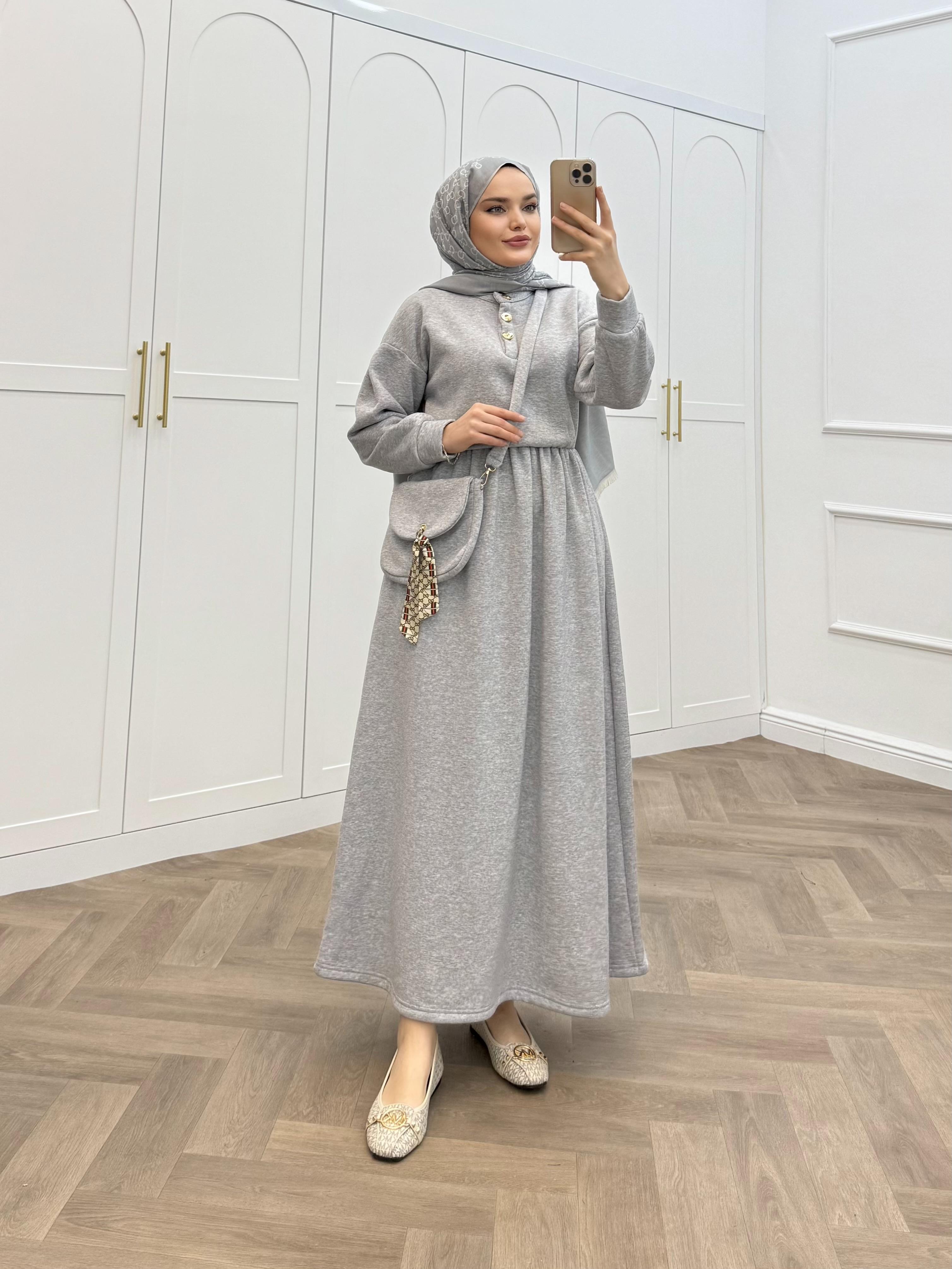 ÇANTA DETAY ŞARDONLU ELBİSE GRİ