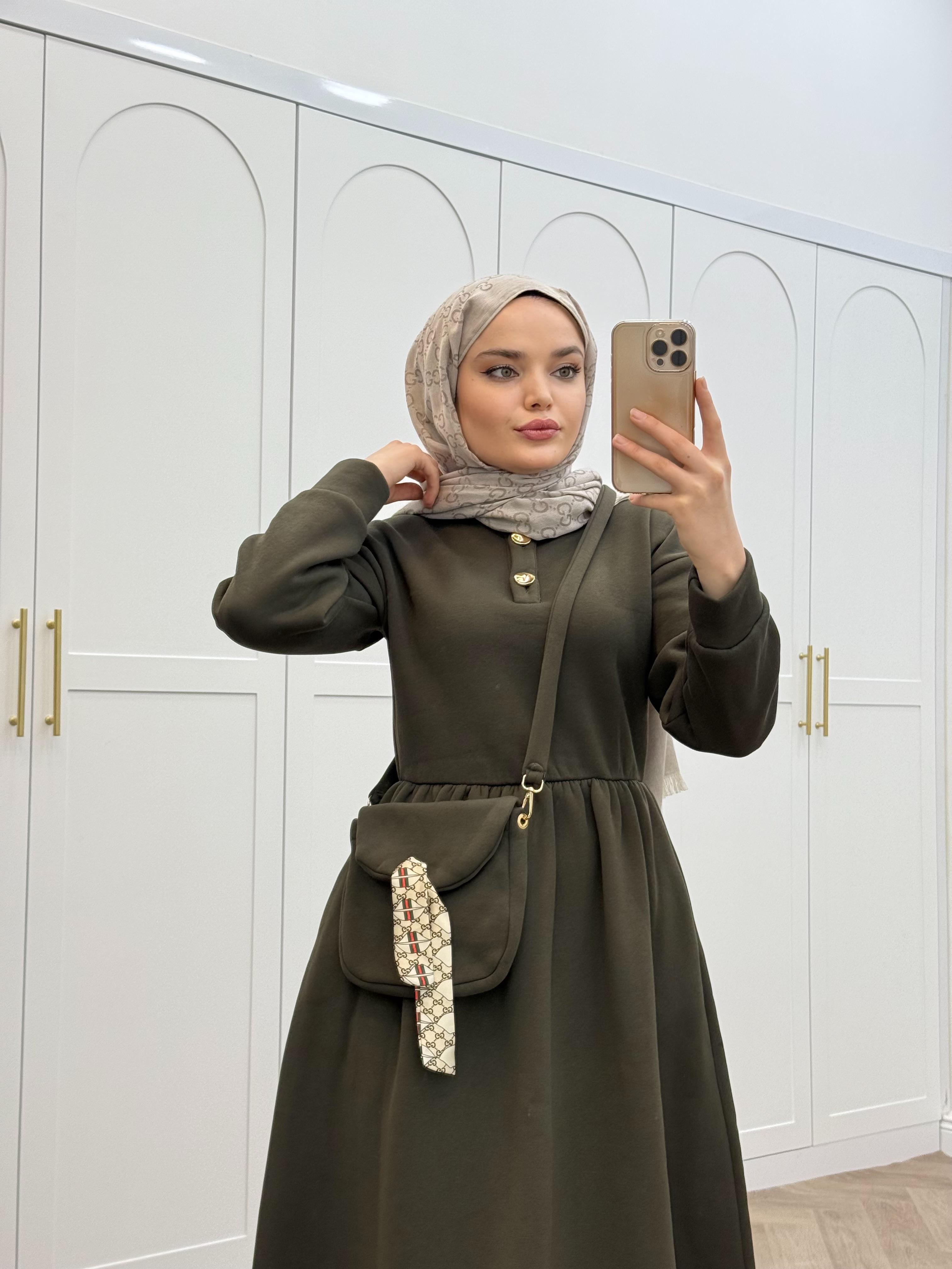 ÇANTA DETAY ŞARDONLU ELBİSE HAKİ