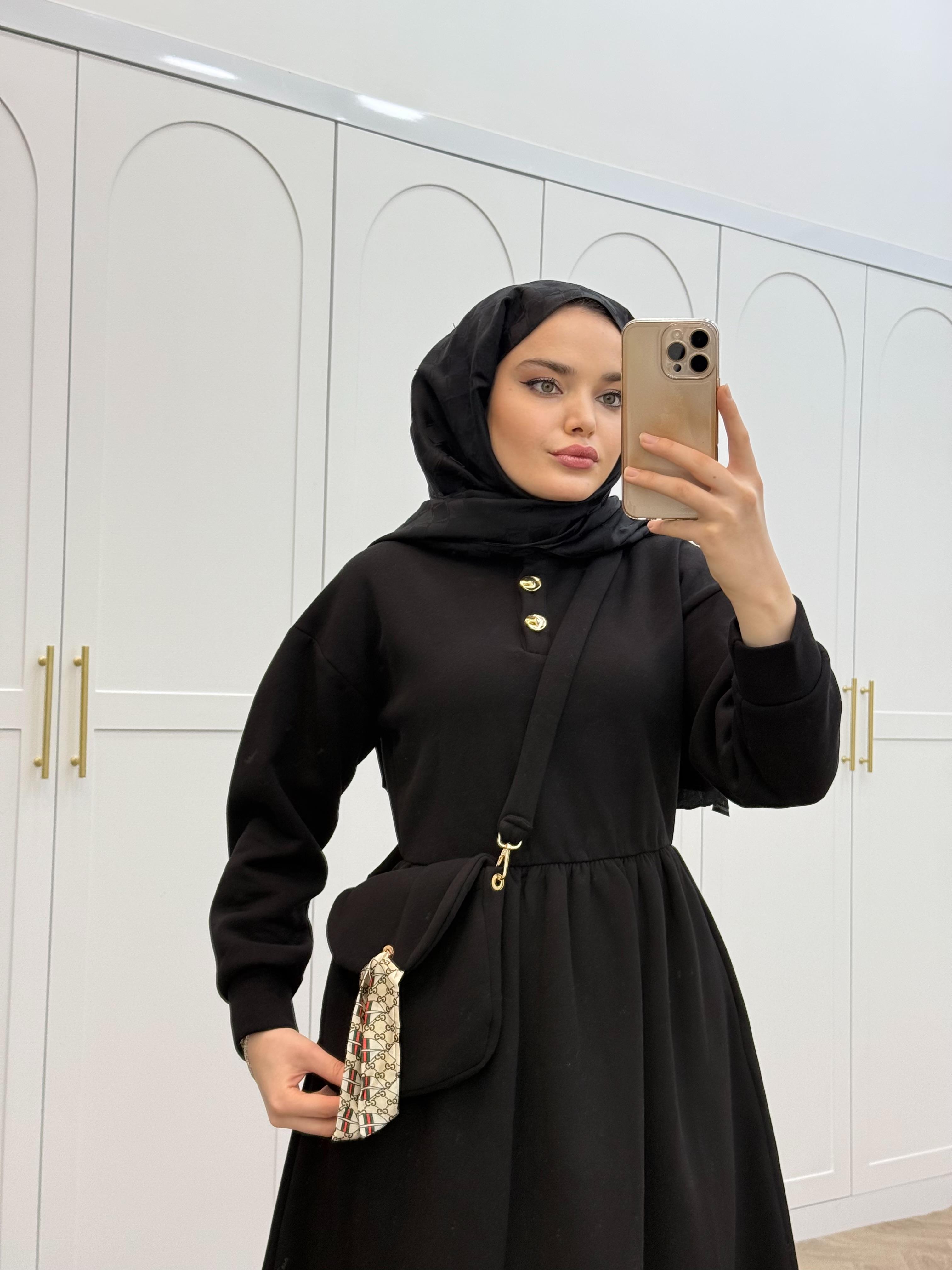 ÇANTA DETAY ŞARDONLU ELBİSE SİYAH