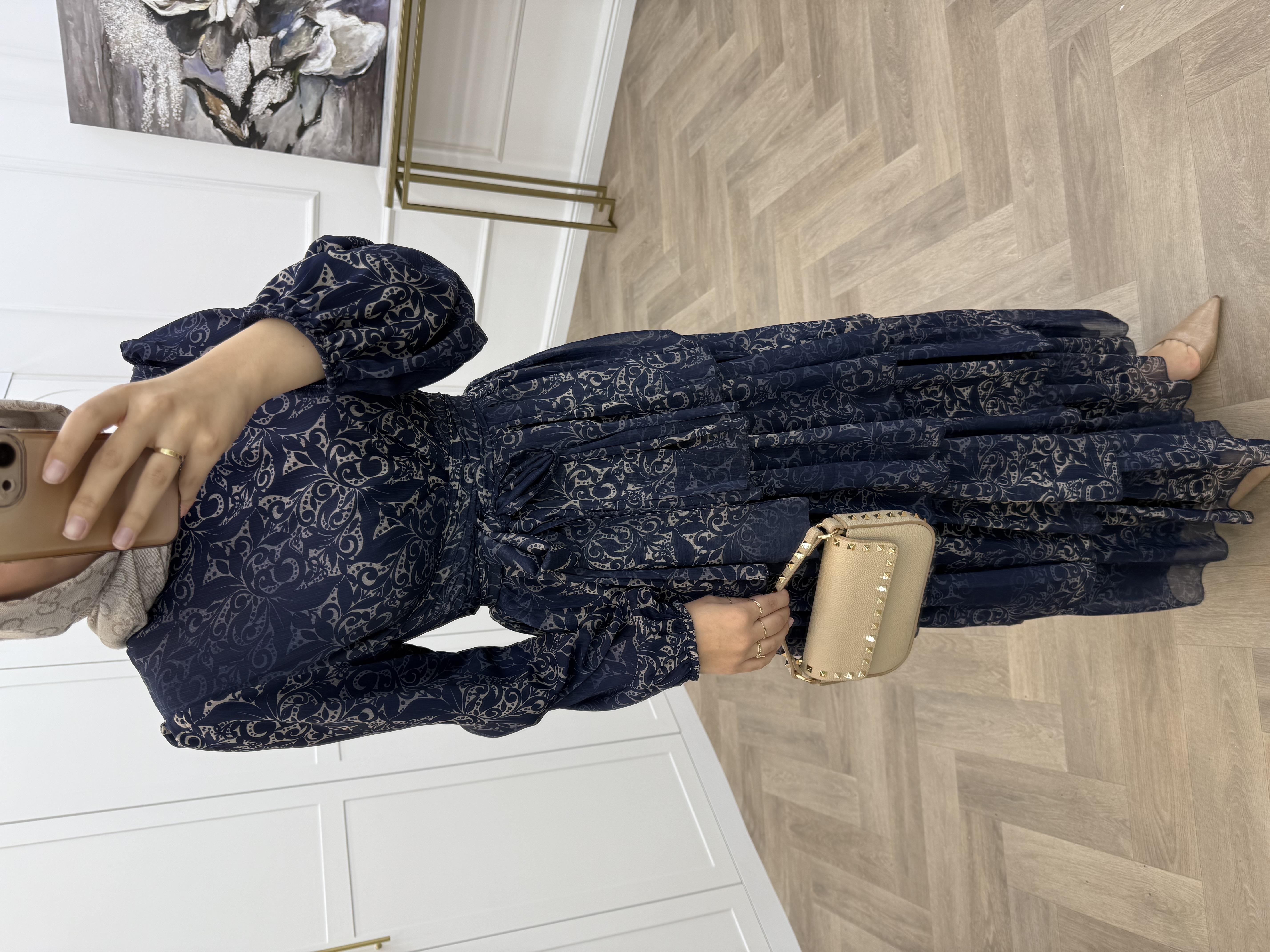 ÇAPRAZ DETAYLI KATLI ŞİFON ELBİSE LACİVERT 