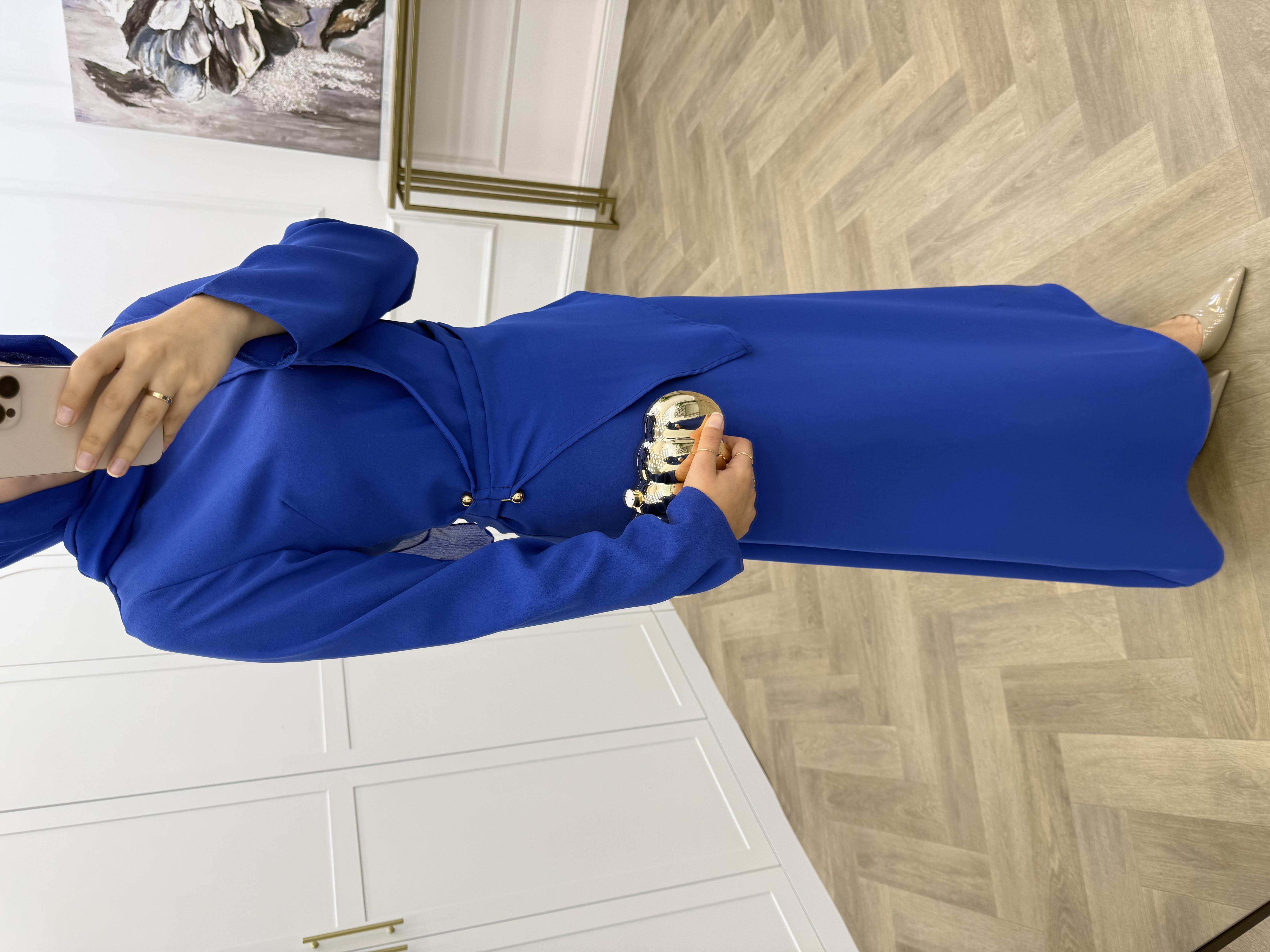 ÇAPRAZ GEÇİŞLİ KREP ELBİSE SAKS