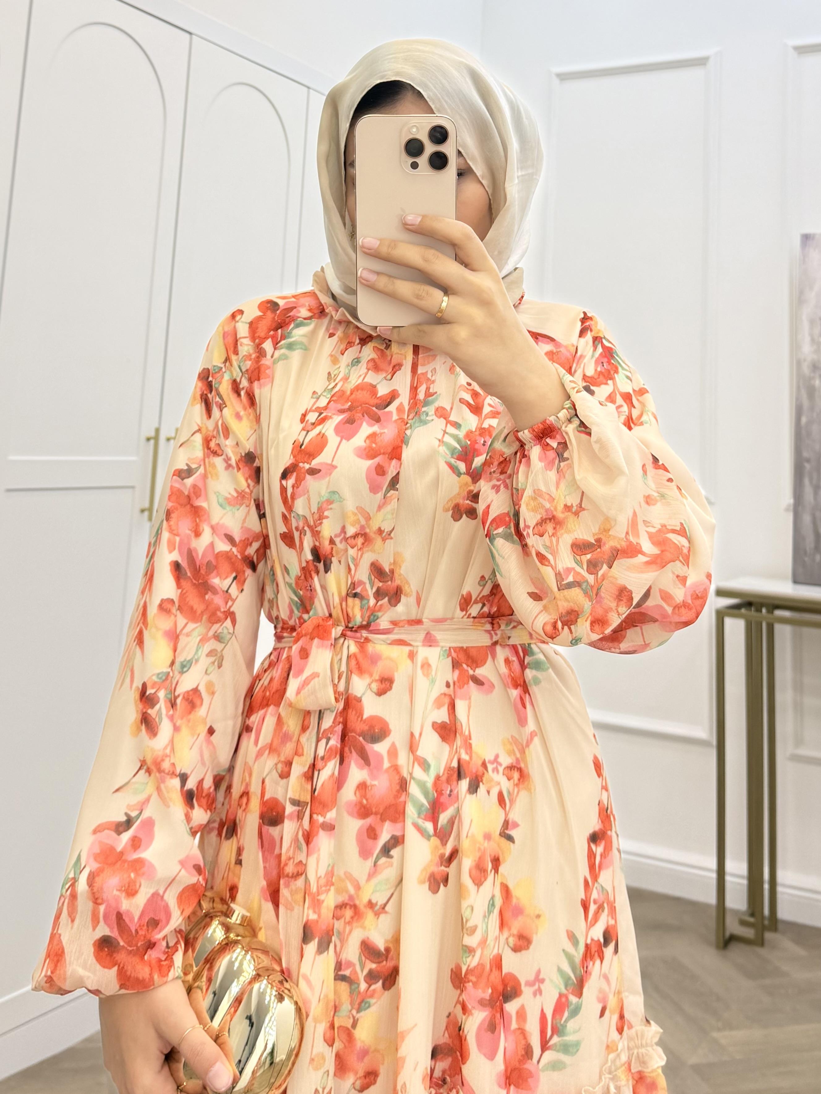 ÇİÇEK DESENLİ ŞİFON ELBİSE ORANJ