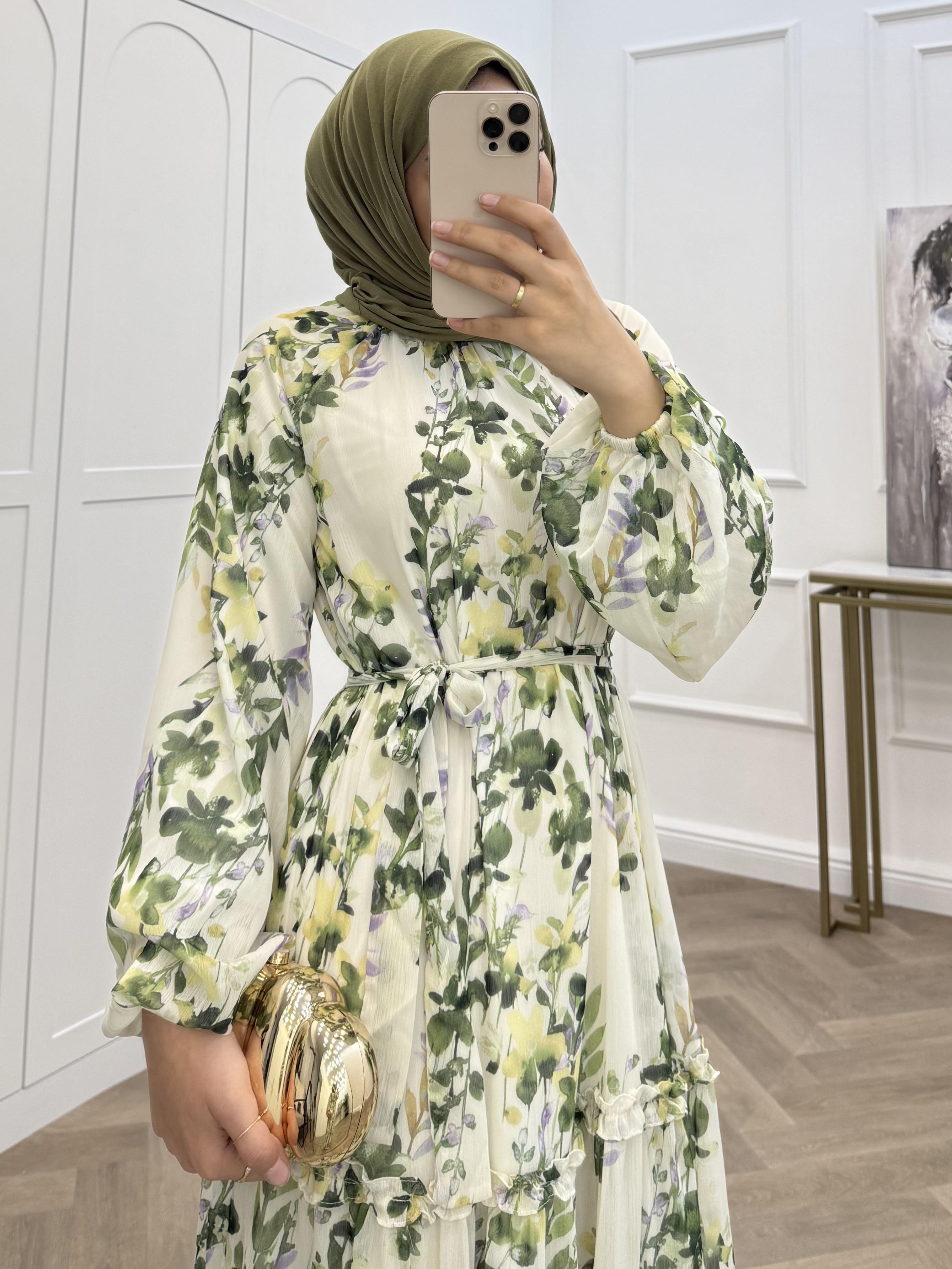 ÇİÇEK DESENLİ ŞİFON ELBİSE YEŞİL