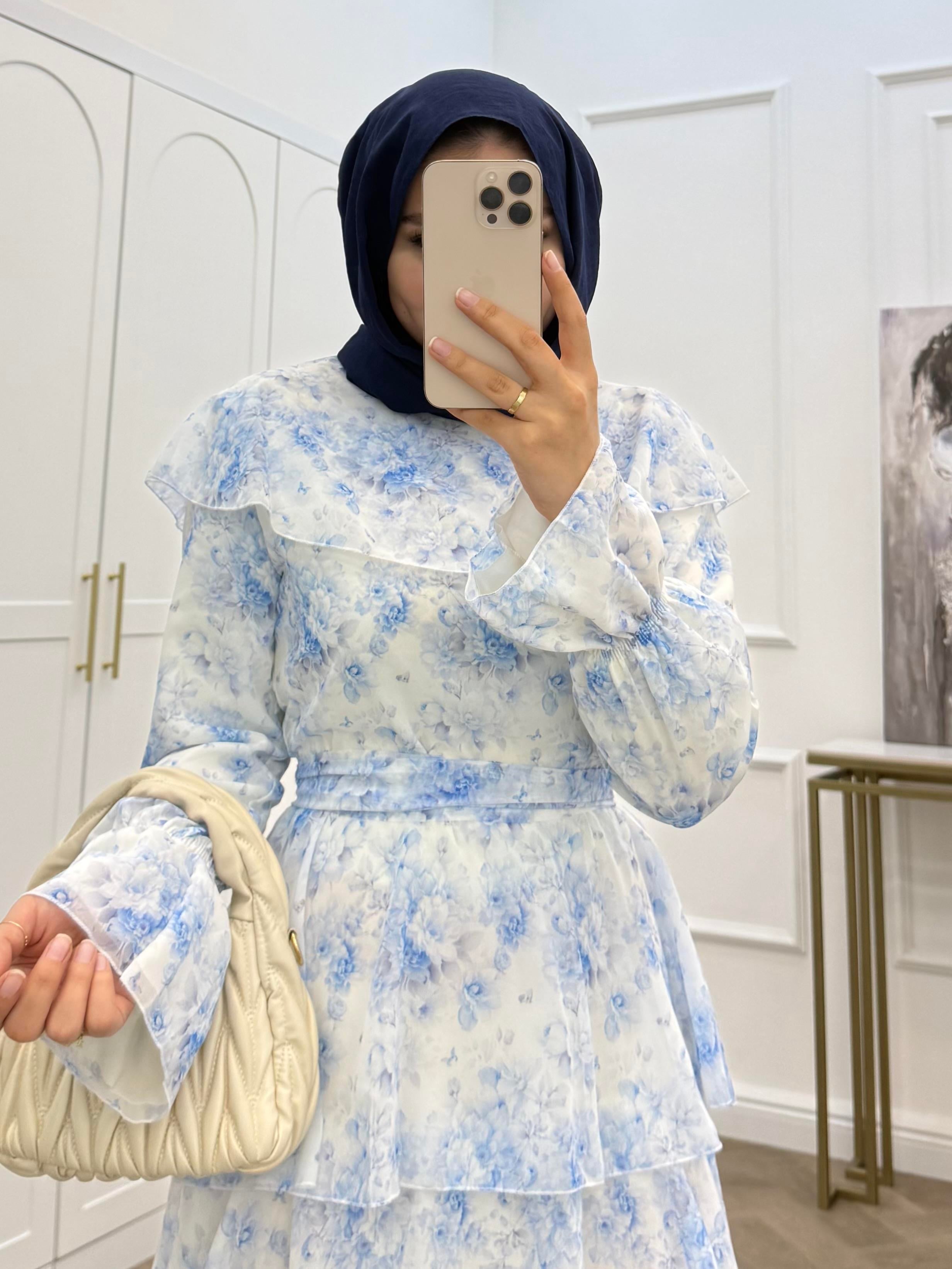 ÇİÇEKLİ LATLI ŞİFON ELBİSE MAVİ