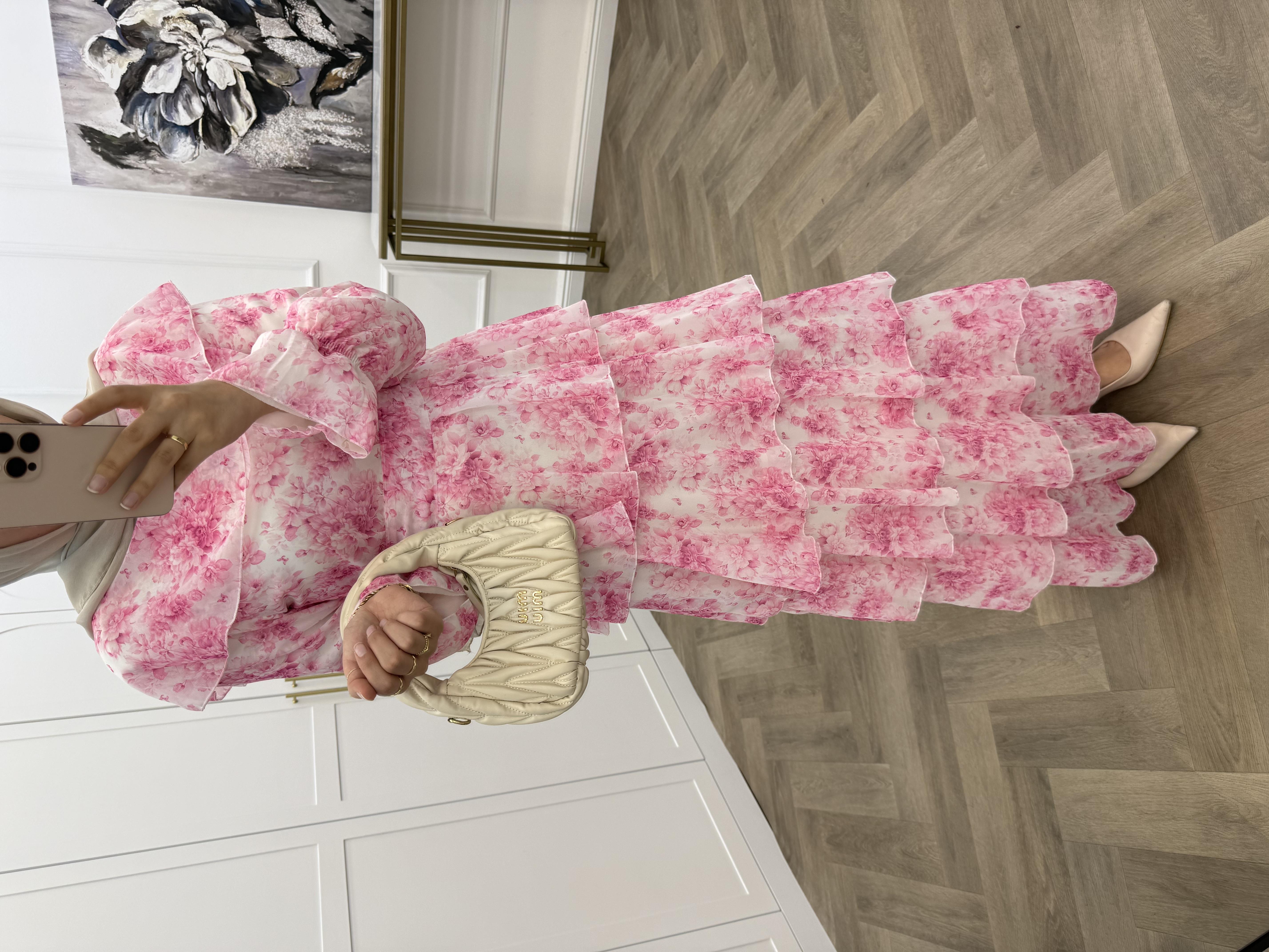 ÇİÇEKLİ LATLI ŞİFON ELBİSE PEMBE