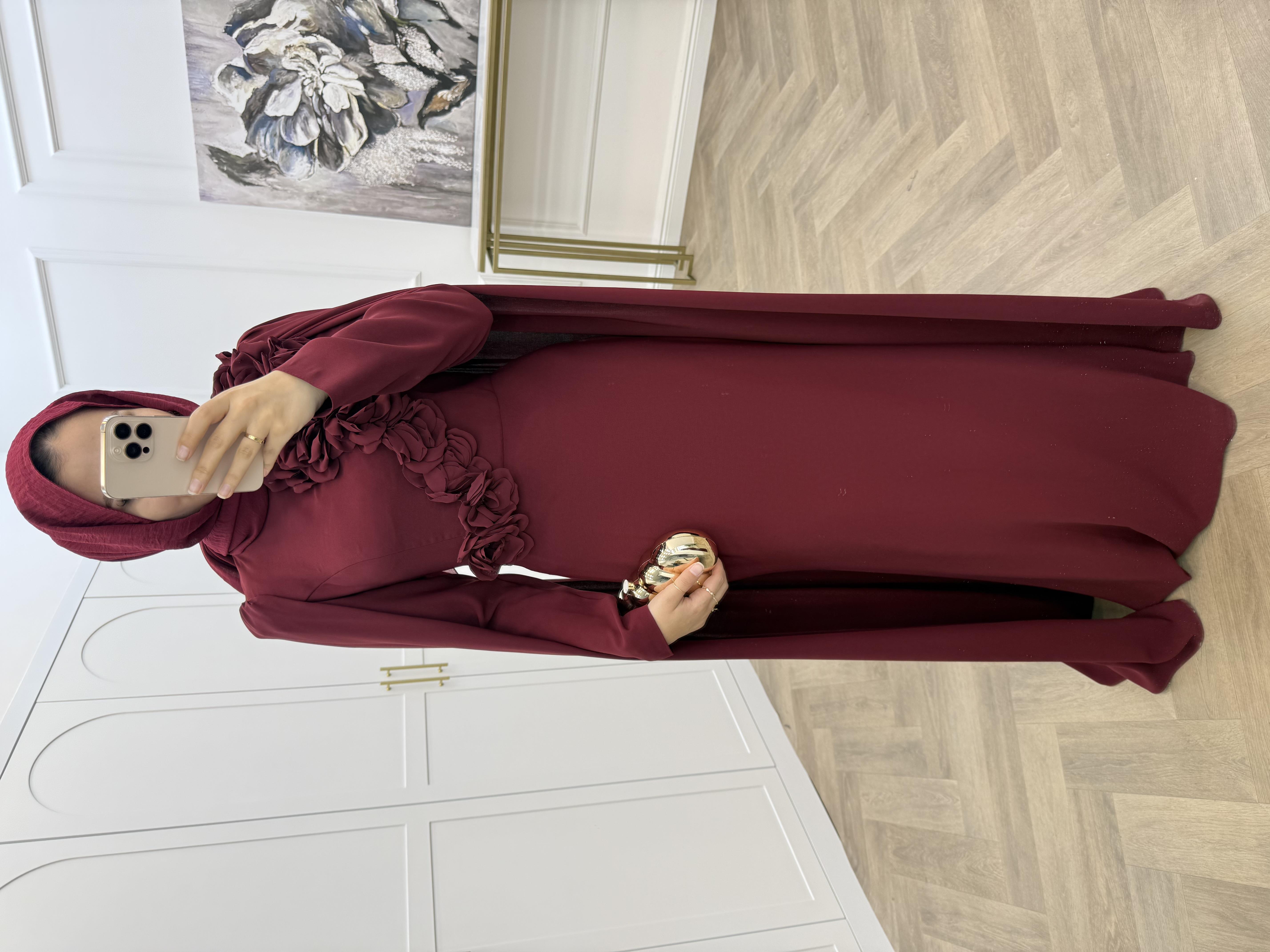 ÇİÇEKLİ SALAŞ KOL ELBİSE BORDO