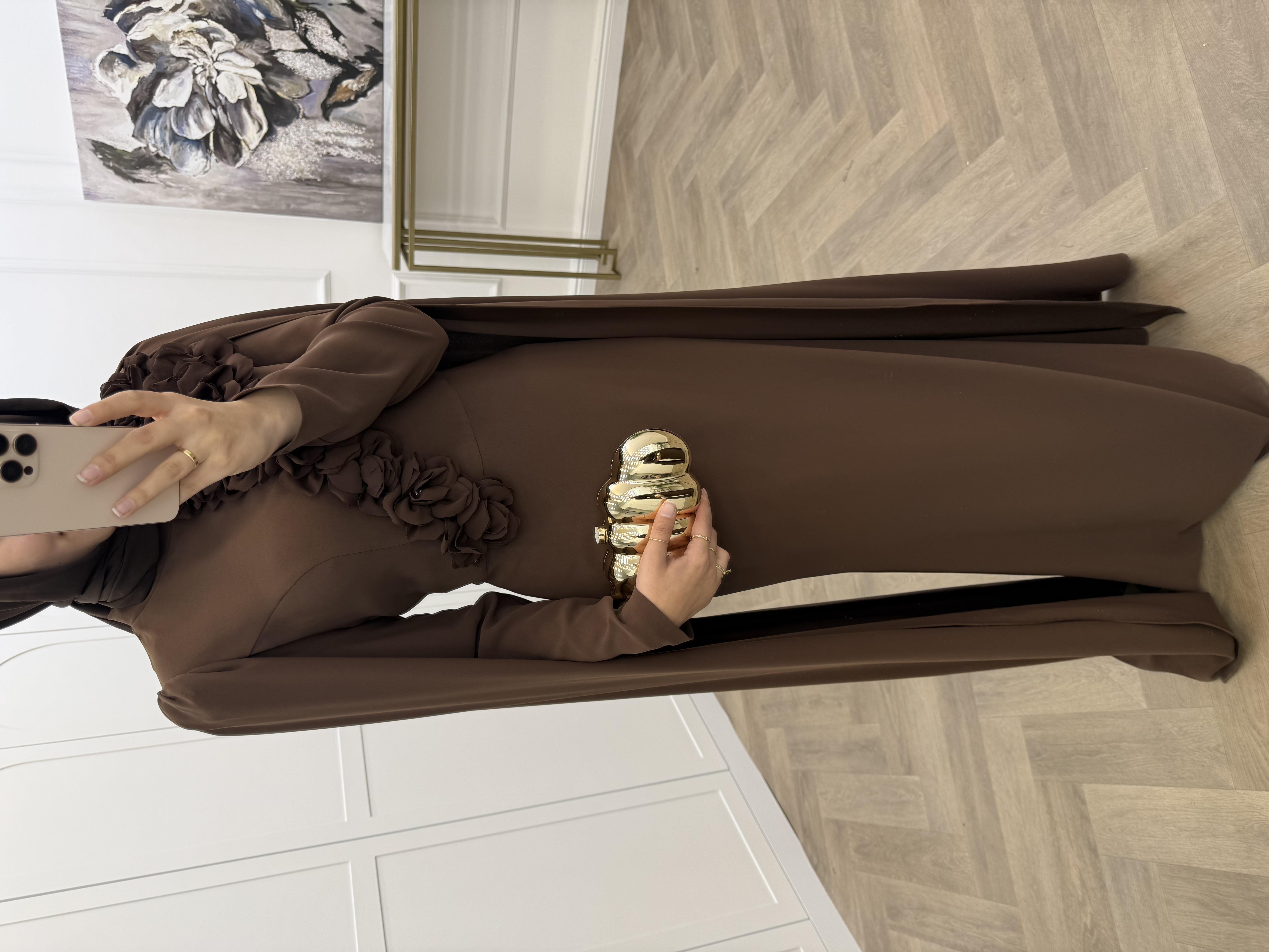 ÇİÇEKLİ SALAŞ KOL ELBİSE KAHVE