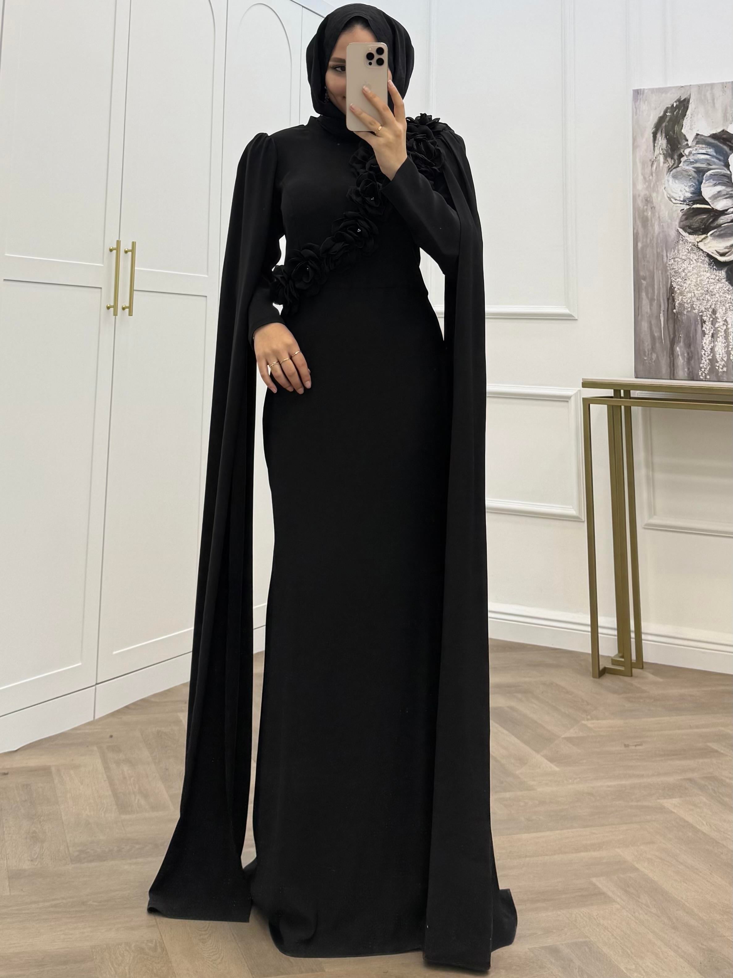 ÇİÇEKLİ SALAŞ KOL ELBİSE SİYAH