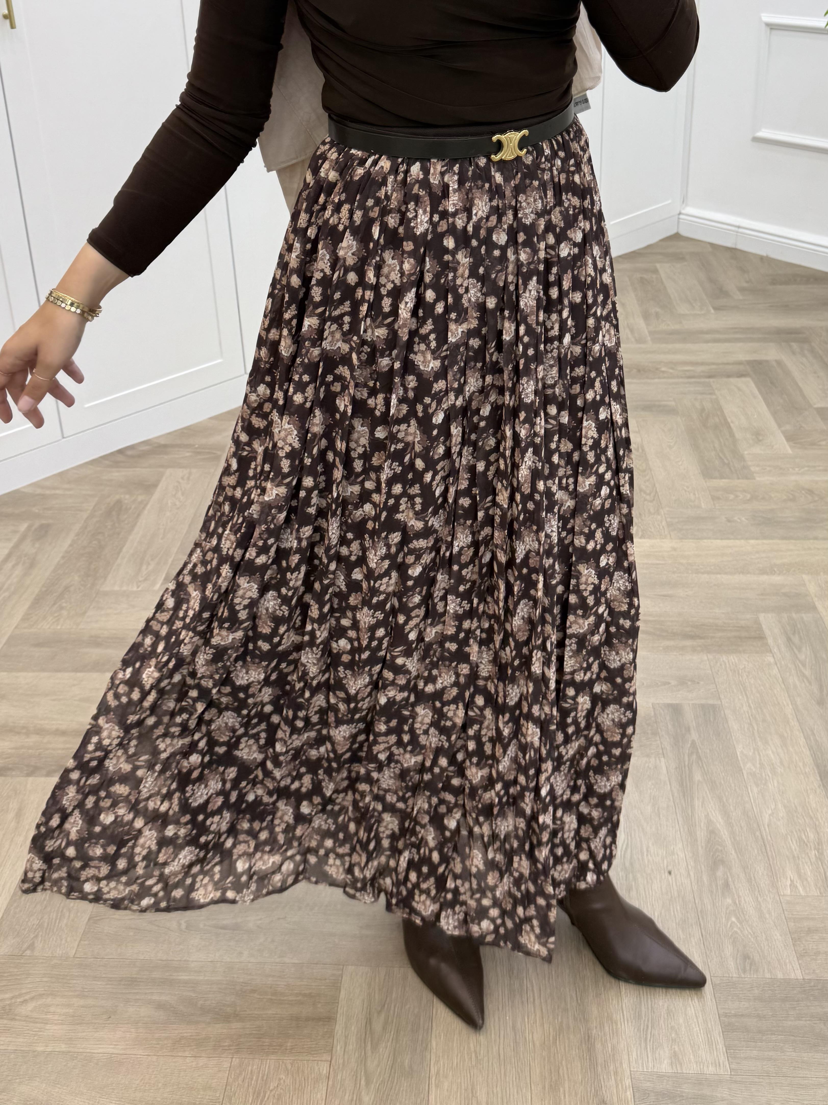 ÇİÇEKLİ ŞİFON ETEK KAHVE