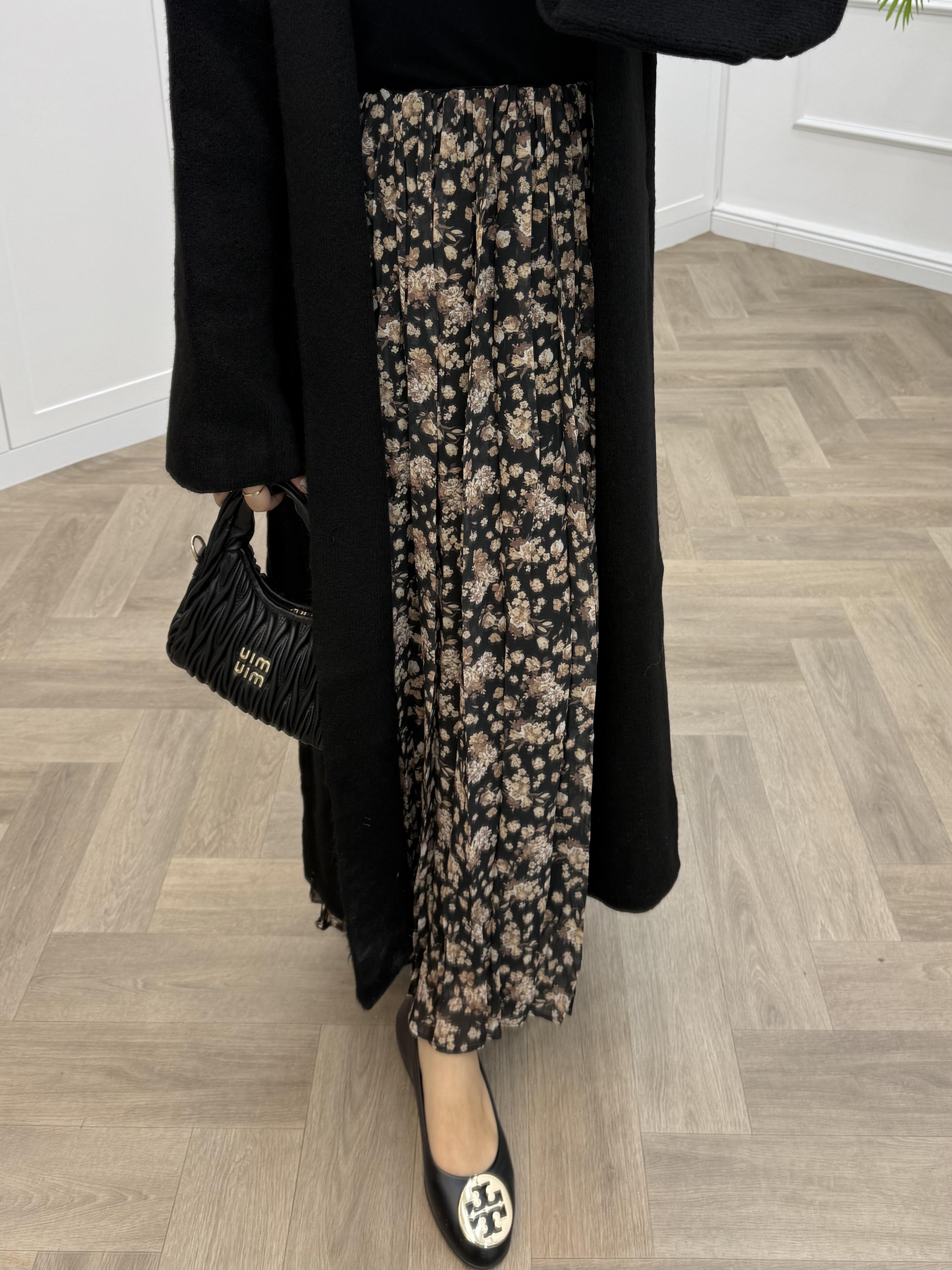 ÇİÇEKLİ ŞİFON ETEK SİYAH