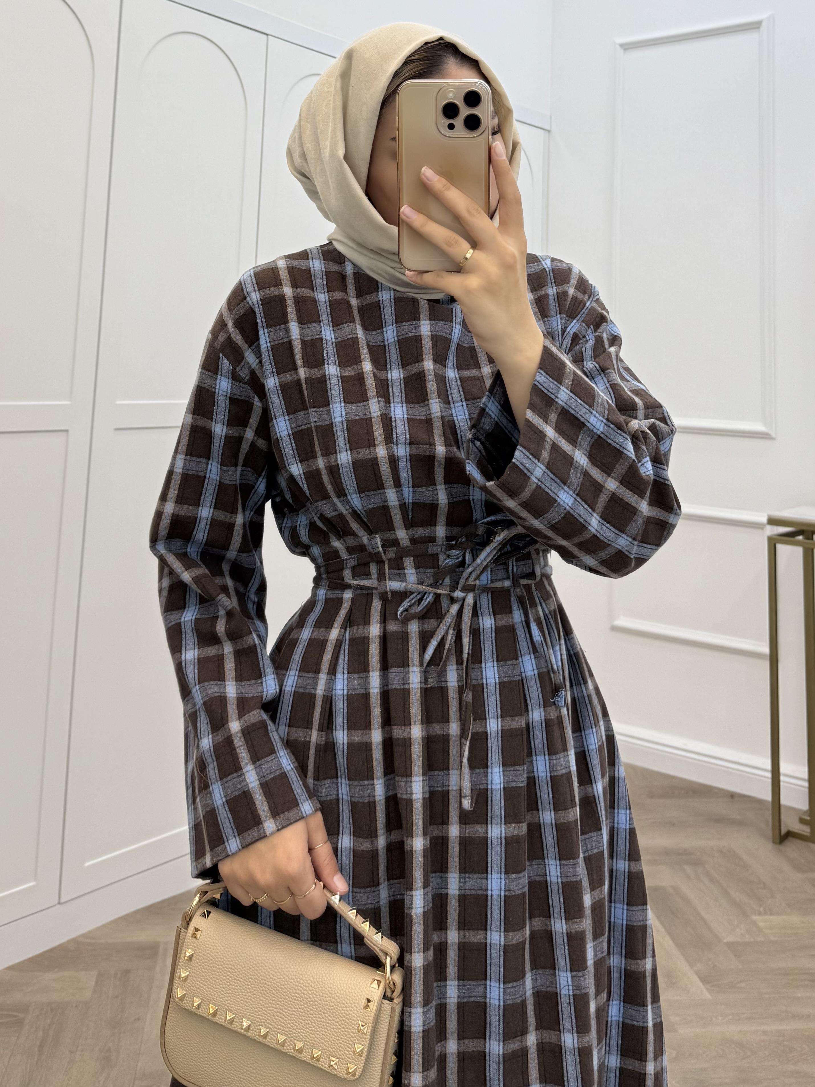 ÇİFT KEMERLİ EKOSE ELBİSE MAVİ