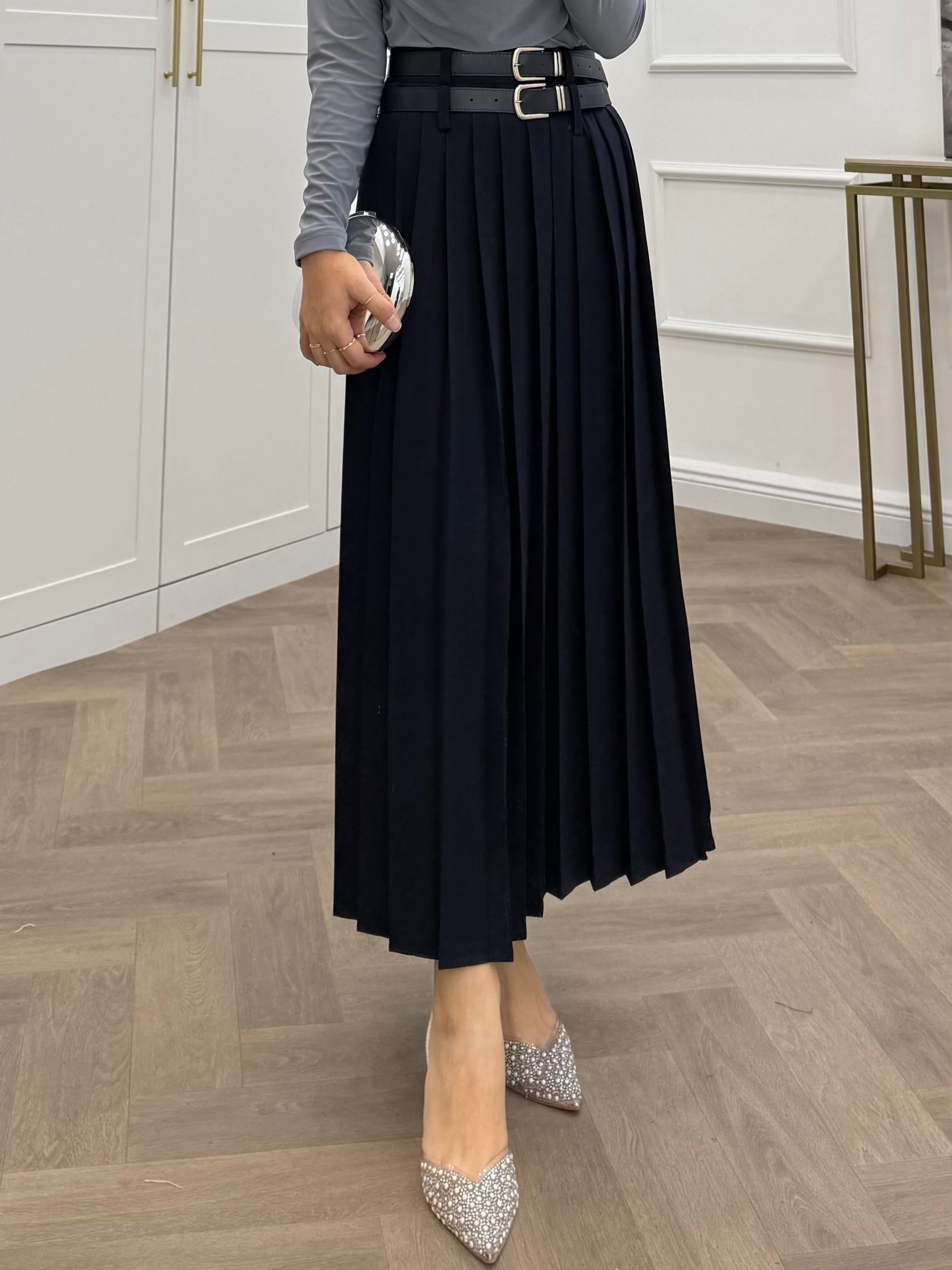 ÇİFT KEMERLİ PİLELİ ETEK LACİVERT