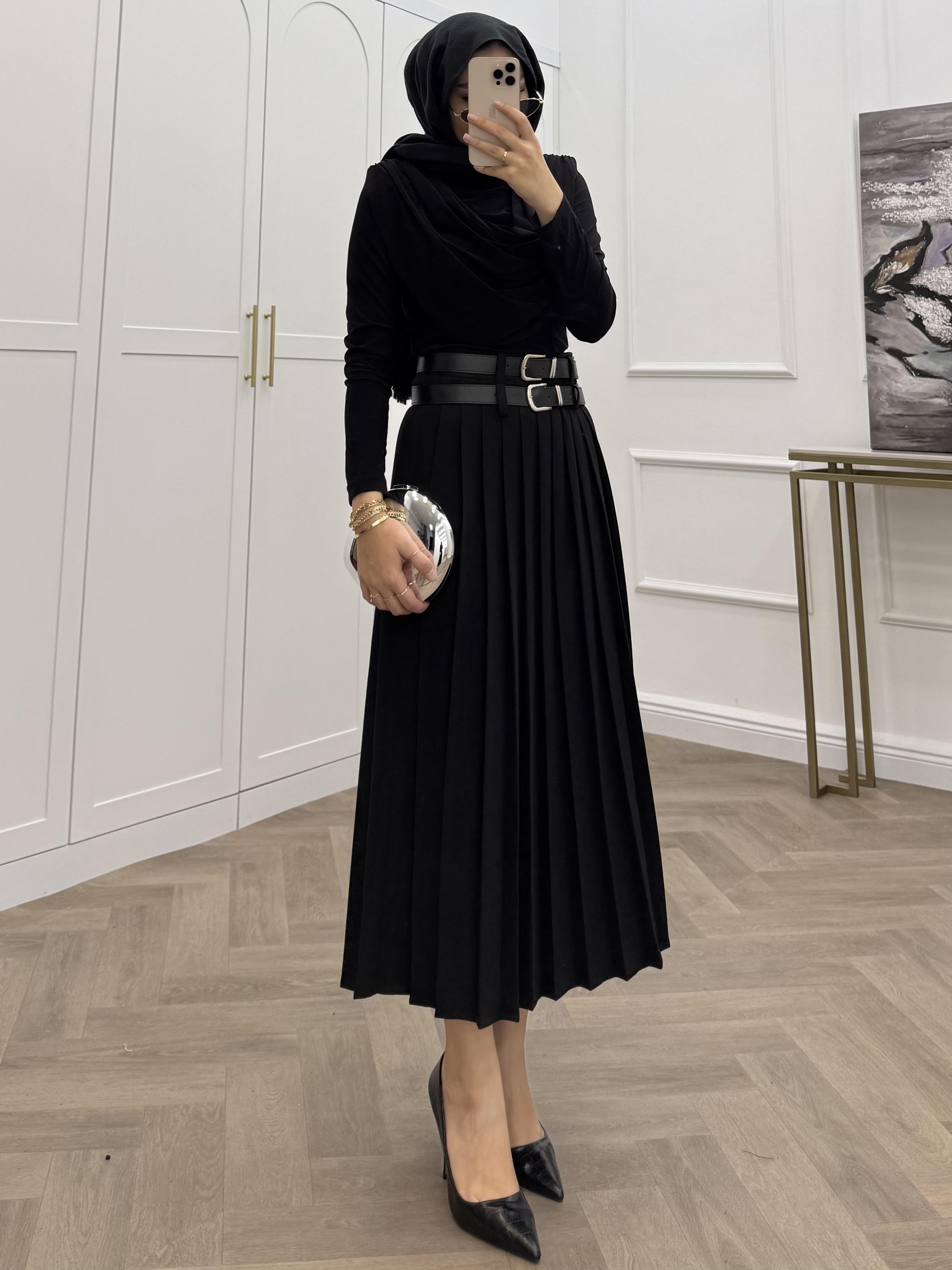 ÇİFT KEMERLİ PİLELİ ETEK SİYAH