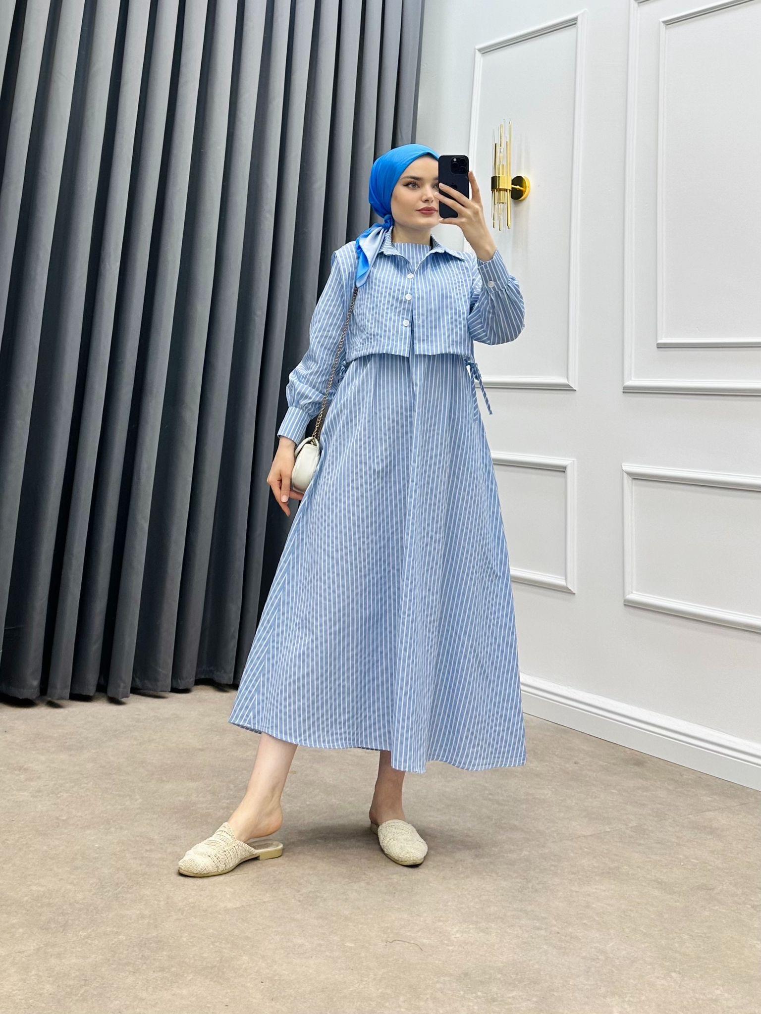 ÇİZGİLİ CROP ELBİSE BEBE MAVİSİ