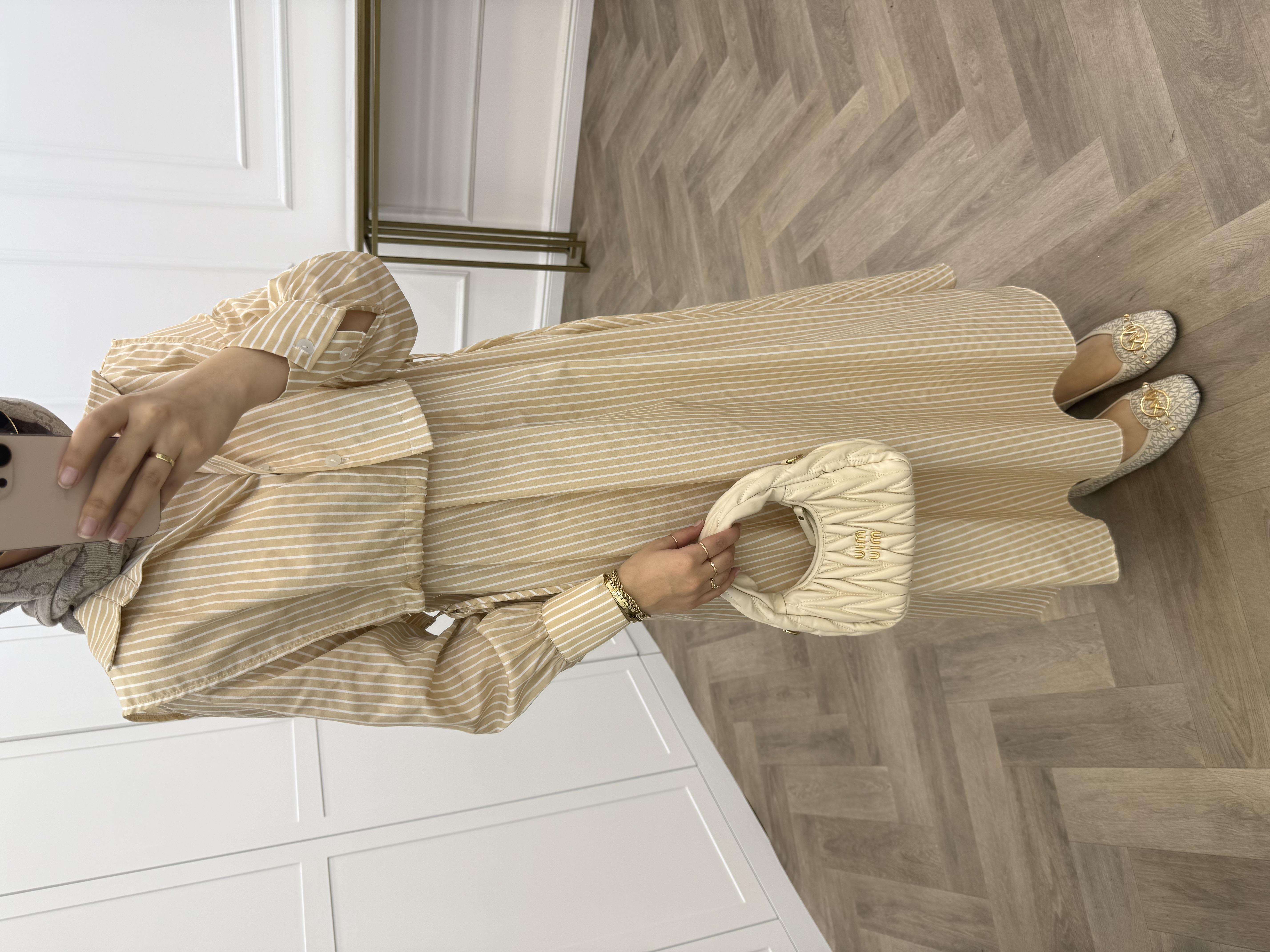 ÇİZGİLİ CROP ELBİSE BEJ