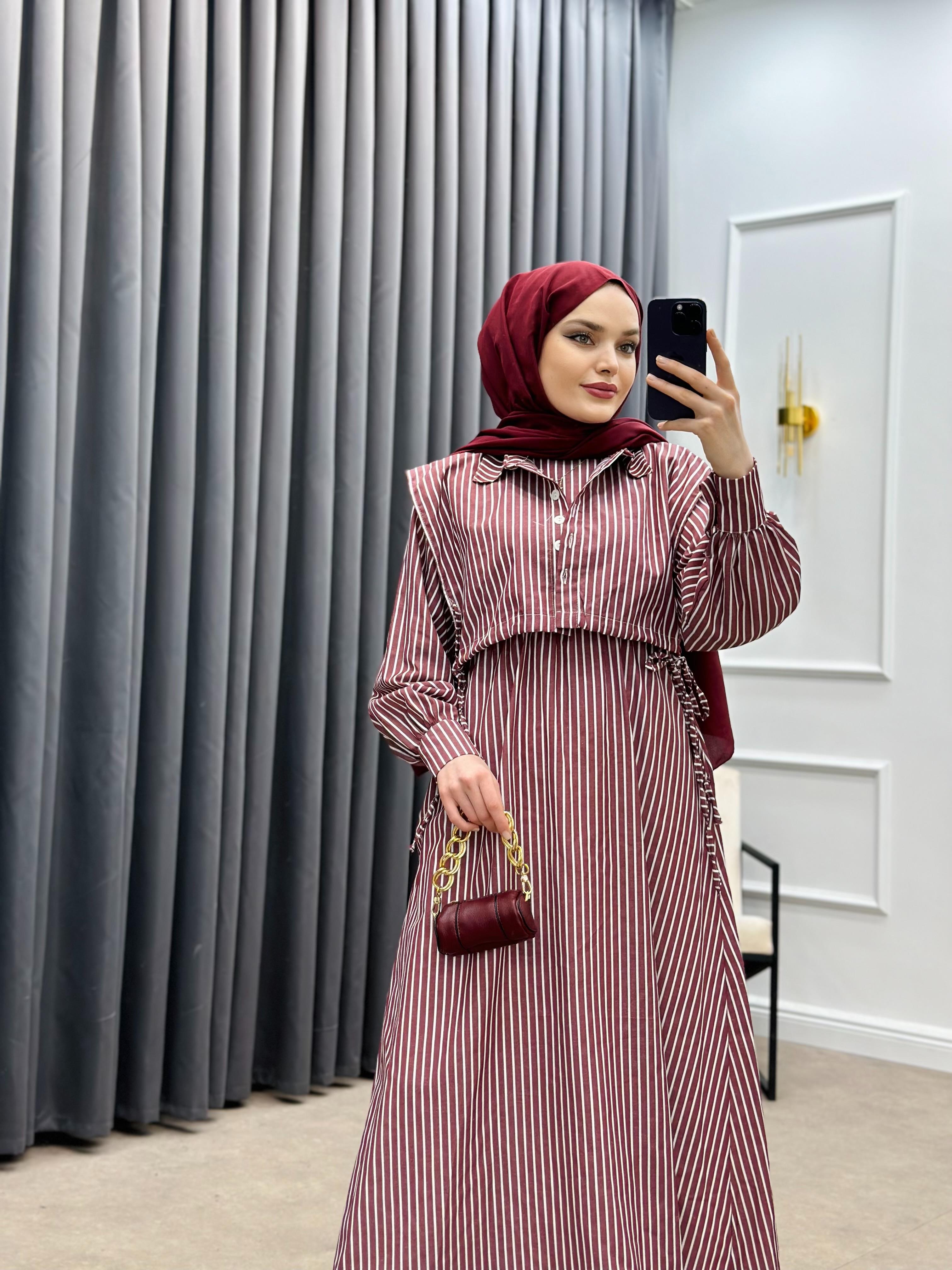 ÇİZGİLİ CROP ELBİSE BORDO