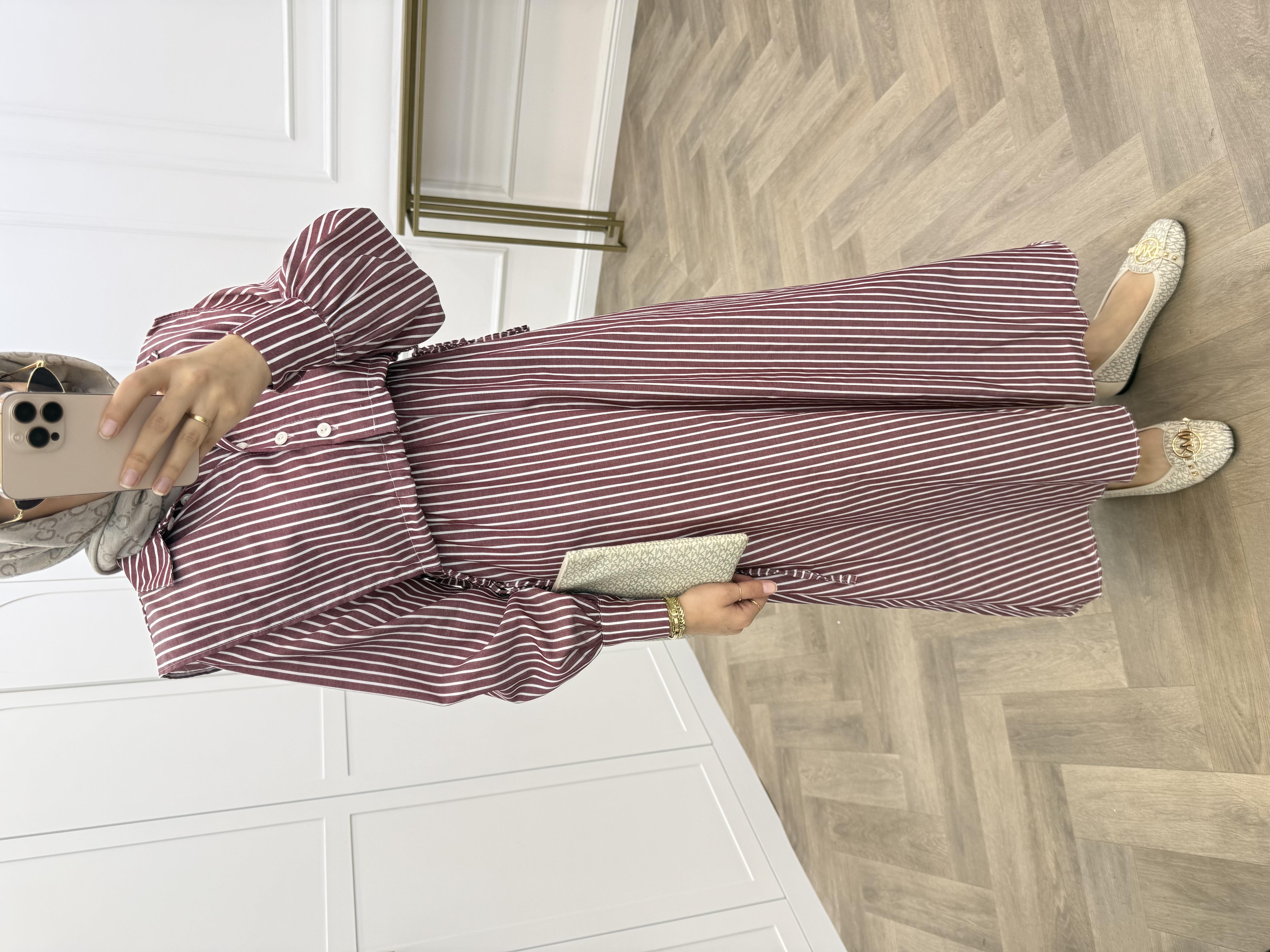 ÇİZGİLİ CROP ELBİSE BORDO