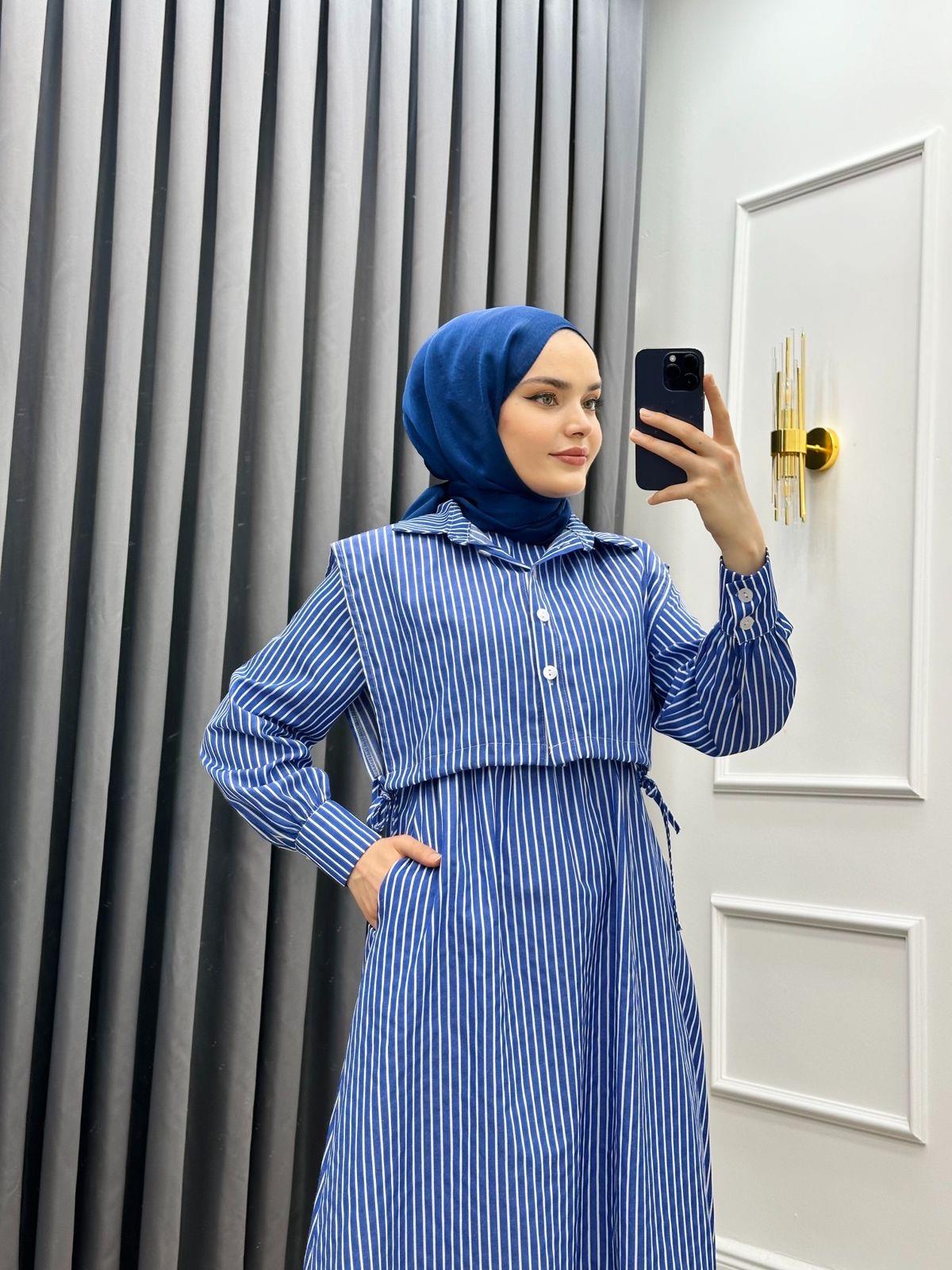 ÇİZGİLİ CROP ELBİSE LACİVERT