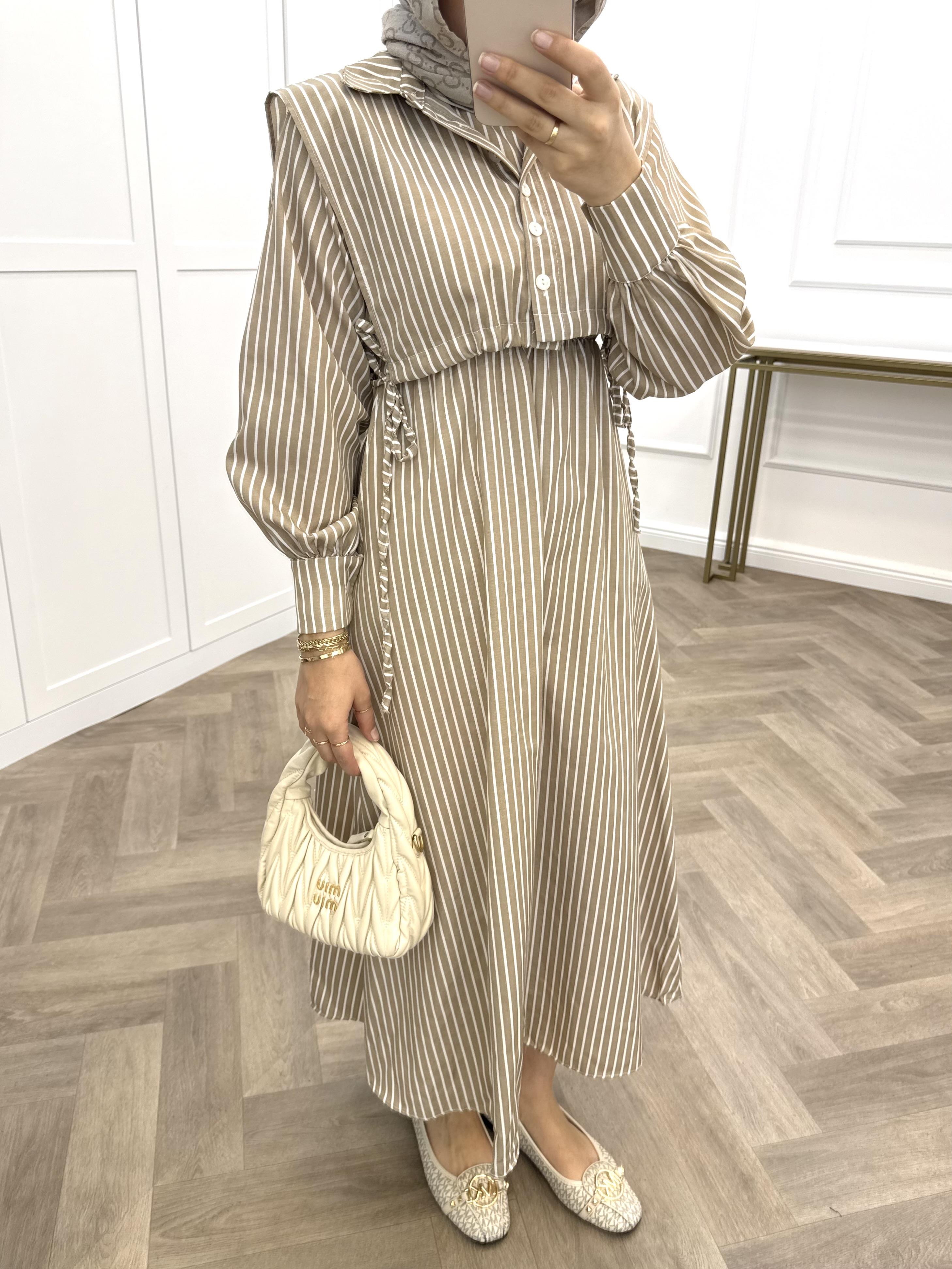 ÇİZGİLİ CROP ELBİSE VİZON