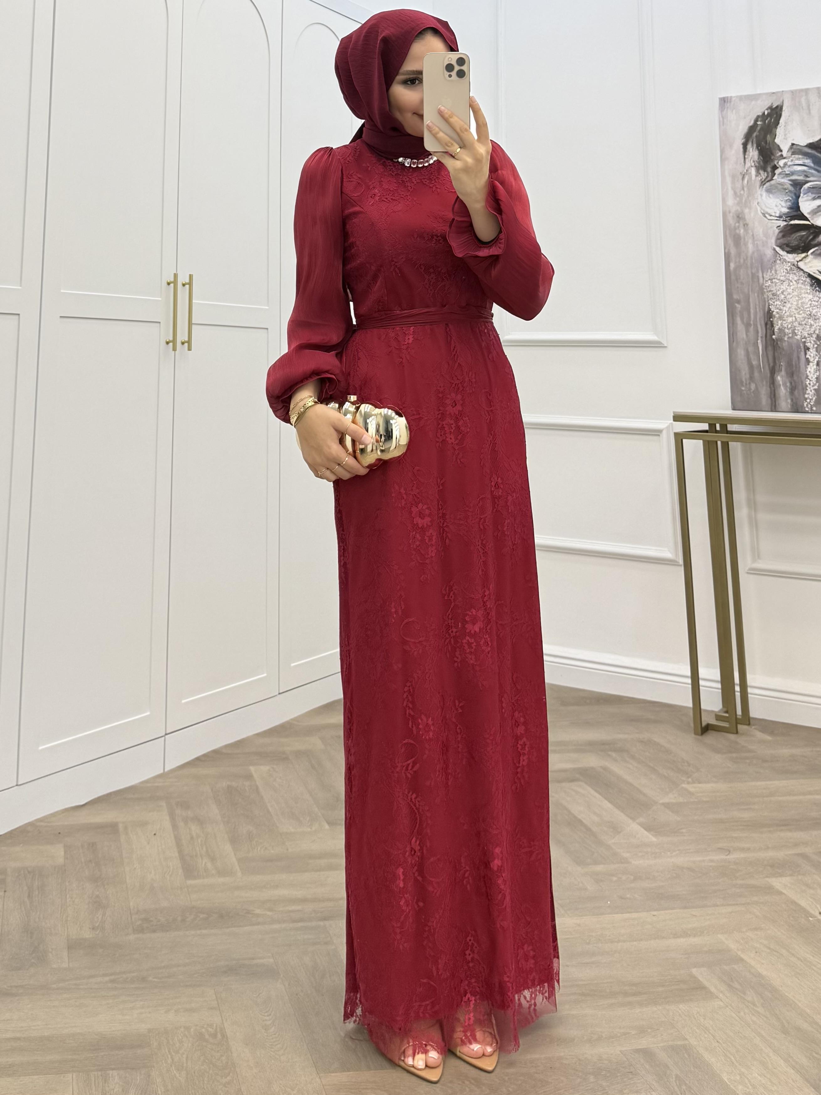 DANTEL ELBİSE BORDO