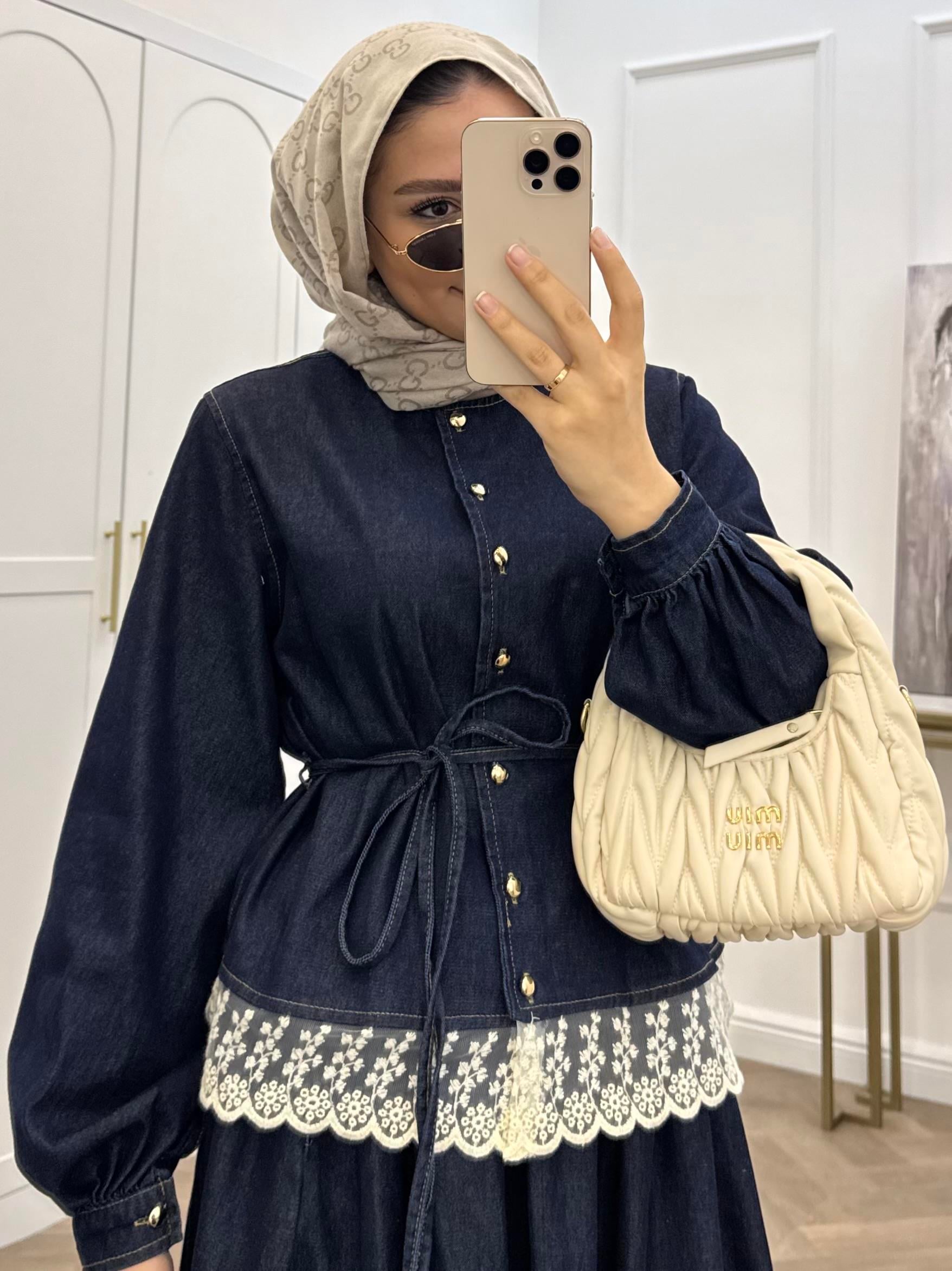 DANTEL İŞLEMELİ DENİM TAKIM LACİVERT