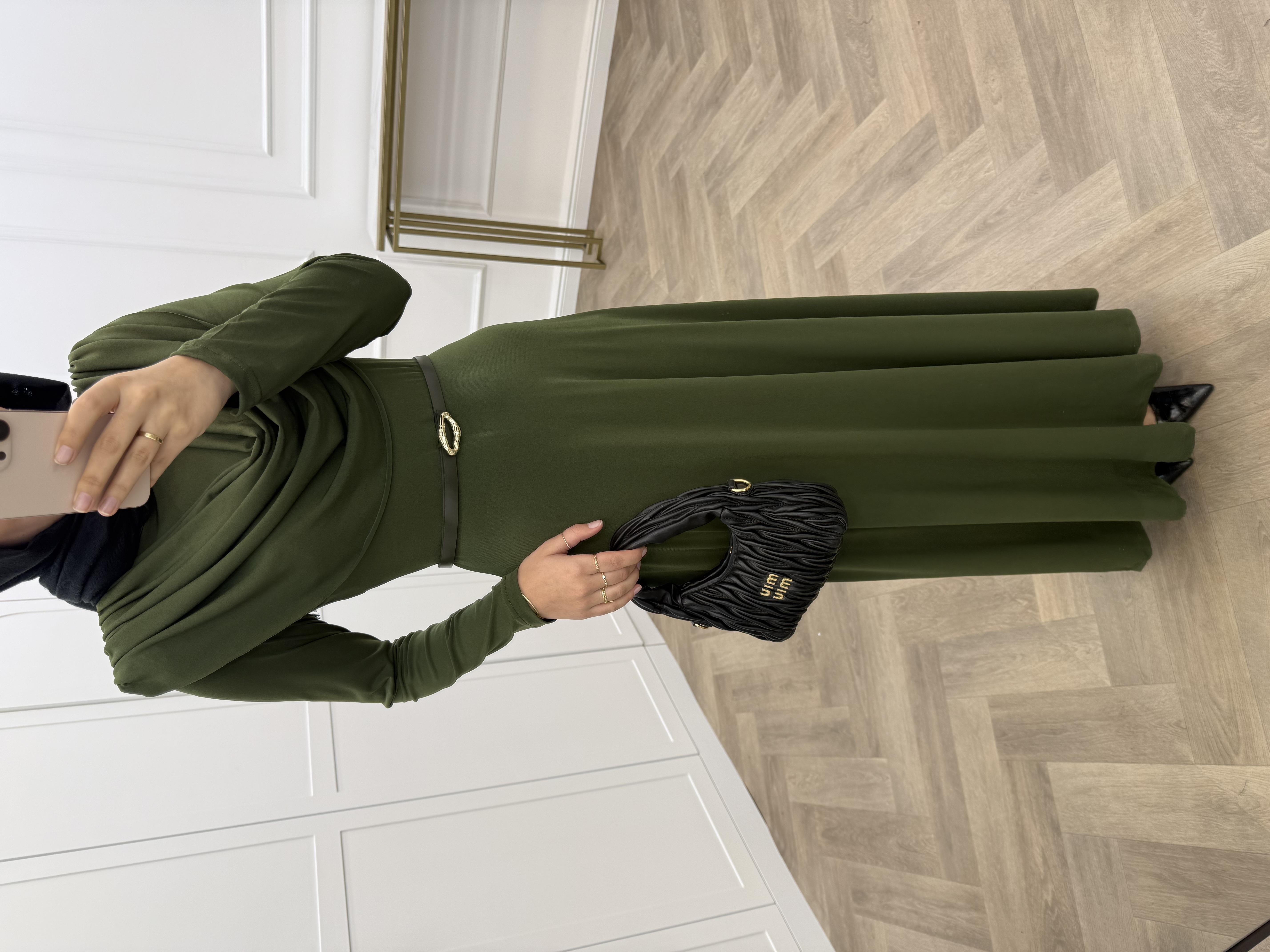 DEGAJE YAKA KEMERLİ SANDY ELBİSE HAKİ