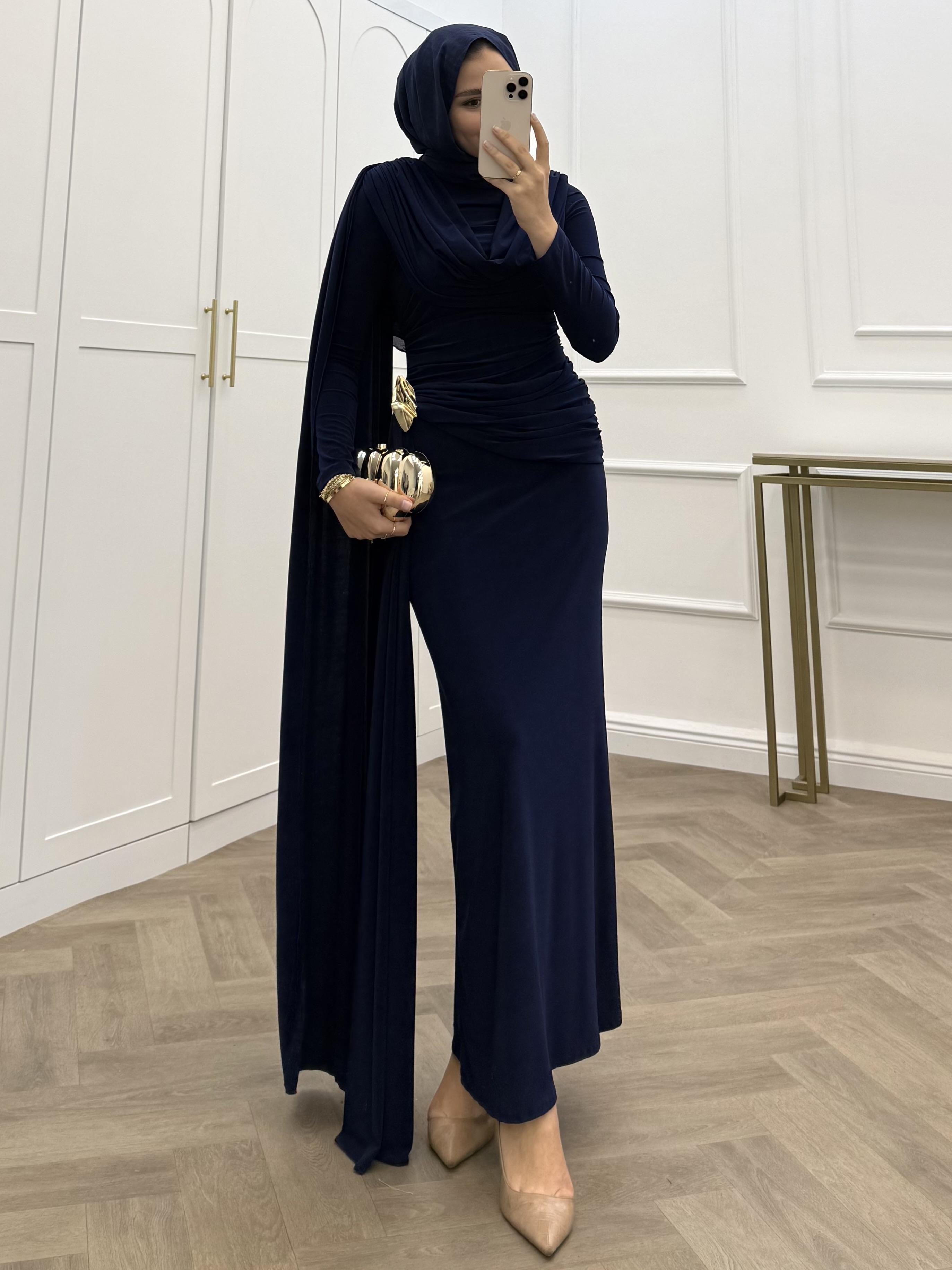 DEGAJE YAKA KUYRUKLU SANDY ELBİSE LACİVERT