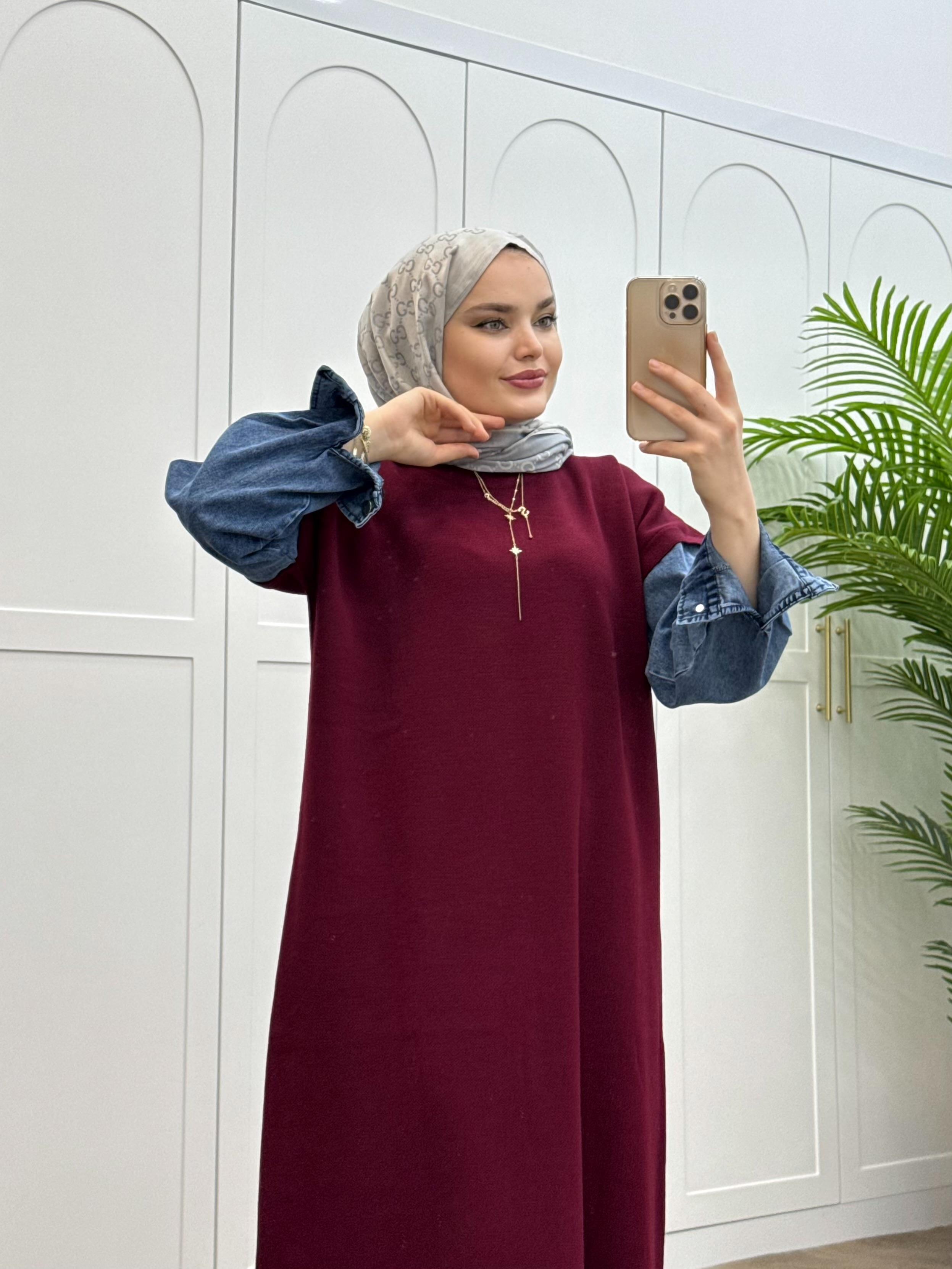 DENİM KOL TRİKO ELBİSE BORDO